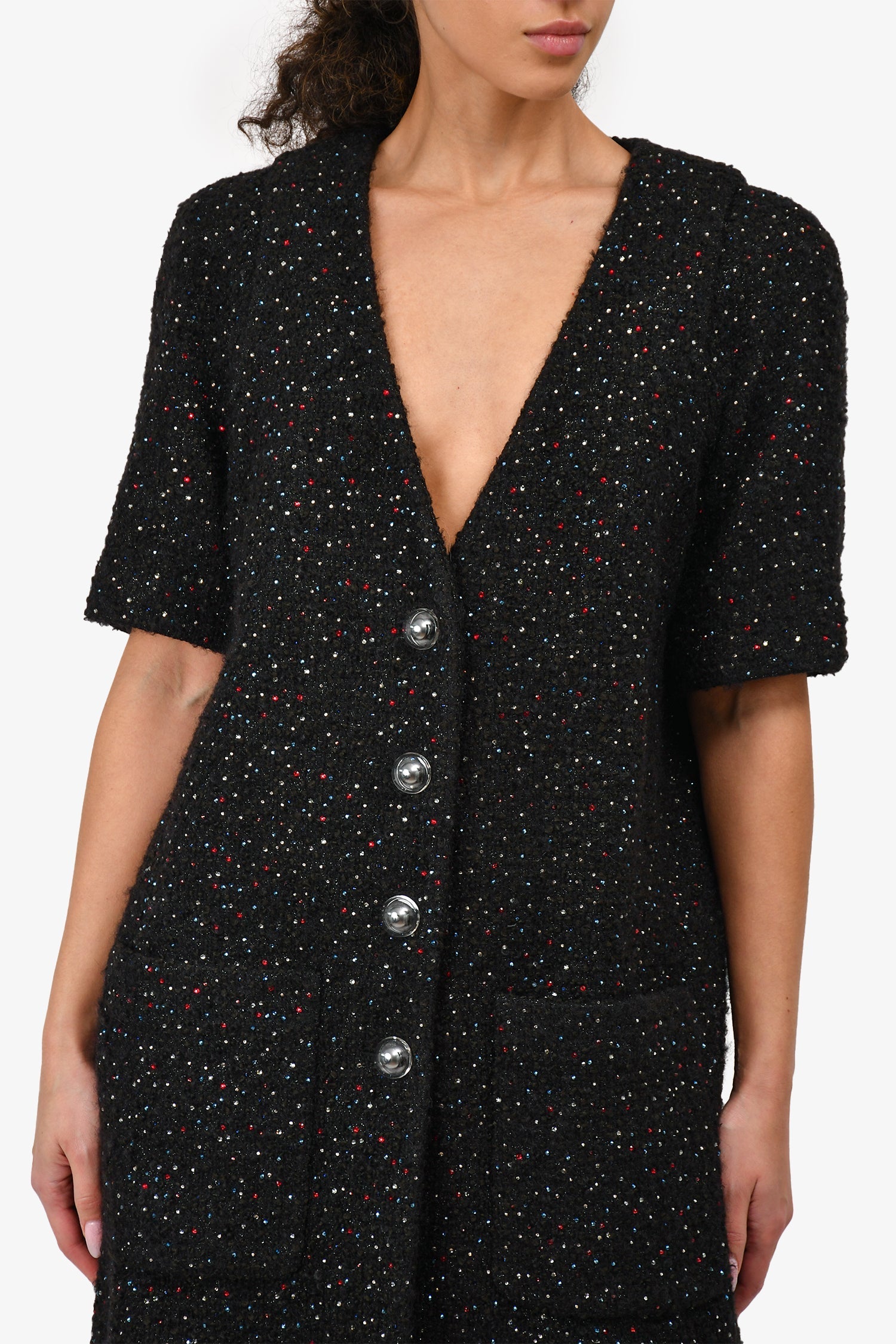 Chanel™ Runway Black Rhinestone Embellished Tweed Dress Size 42