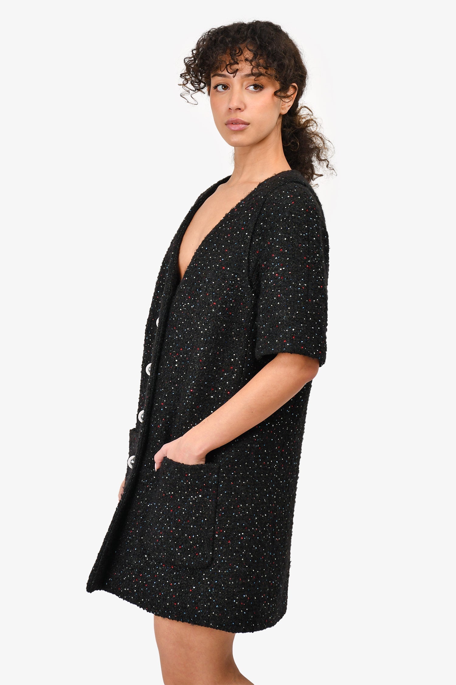 Chanel™ Runway Black Rhinestone Embellished Tweed Dress Size 42