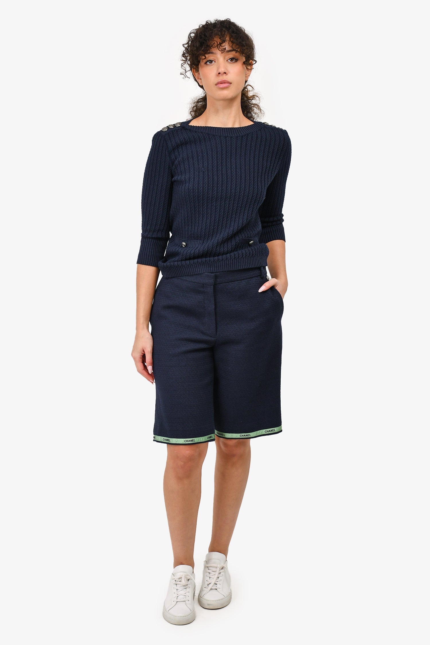Chanel™ 2019 Navy Blue Cotton Tweed Long Shorts with Green Ribbon Trim Size 42