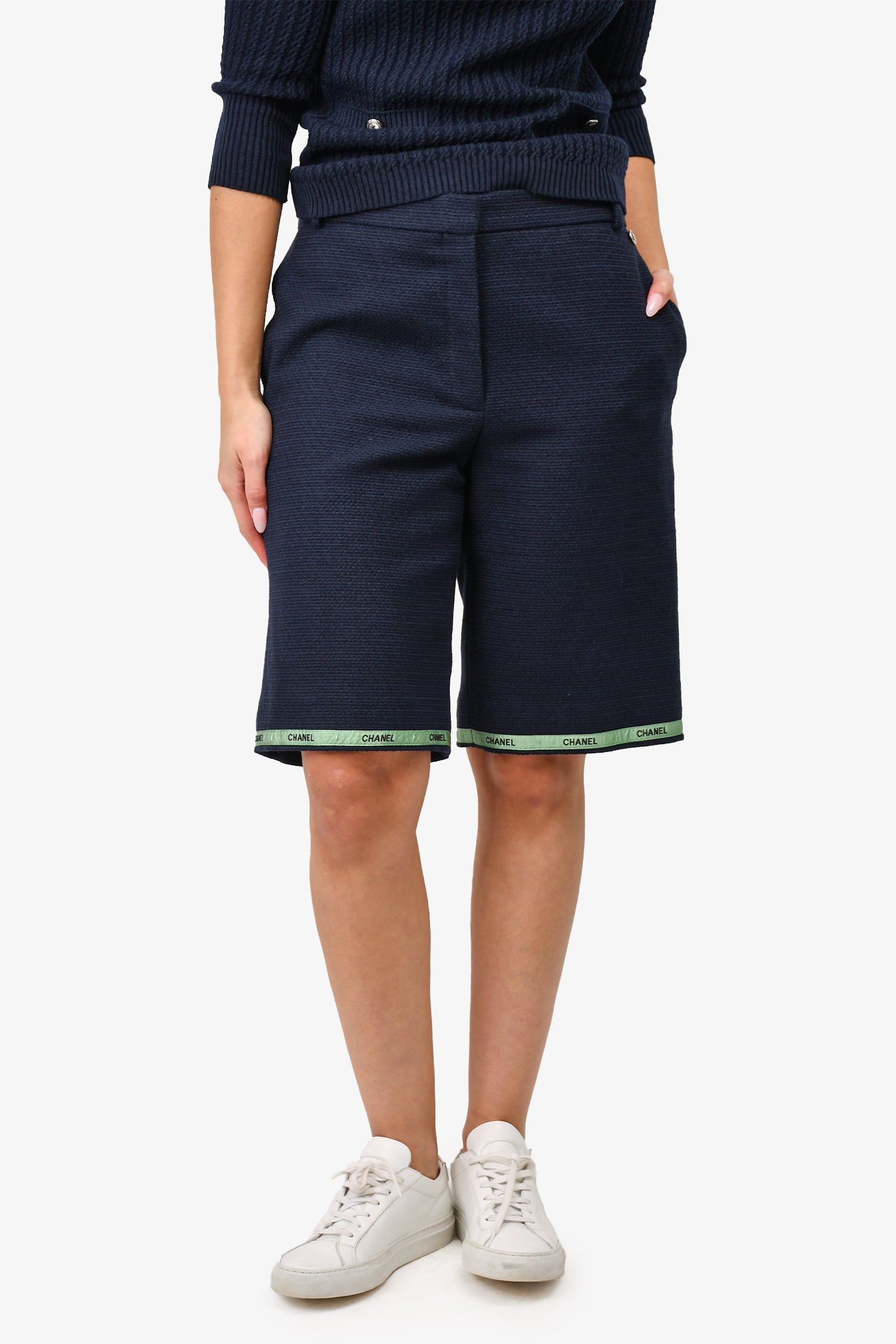 Chanel™ 2019 Navy Blue Cotton Tweed Long Shorts with Green Ribbon Trim Size 42