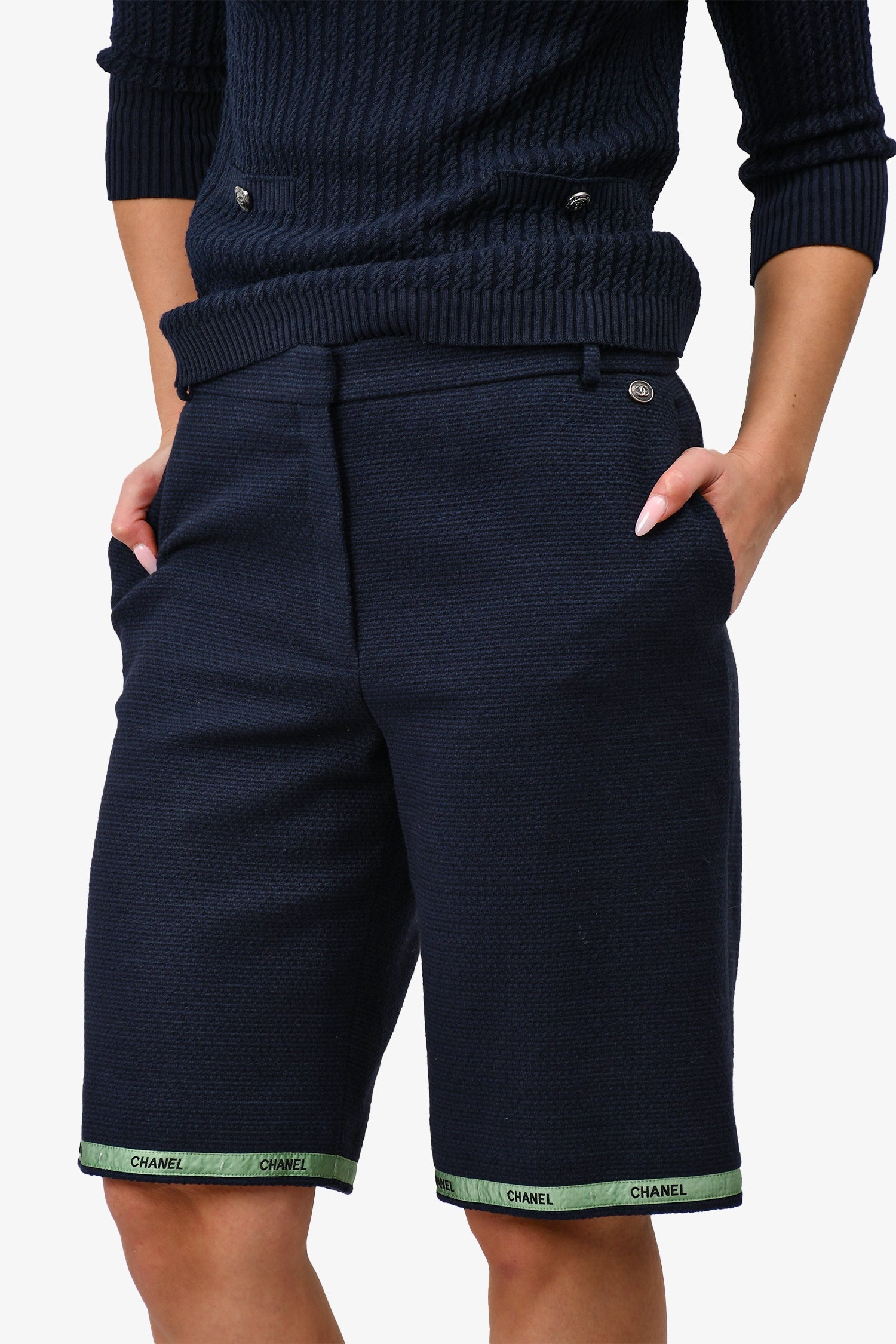 Chanel™ 2019 Navy Blue Cotton Tweed Long Shorts with Green Ribbon Trim Size 42