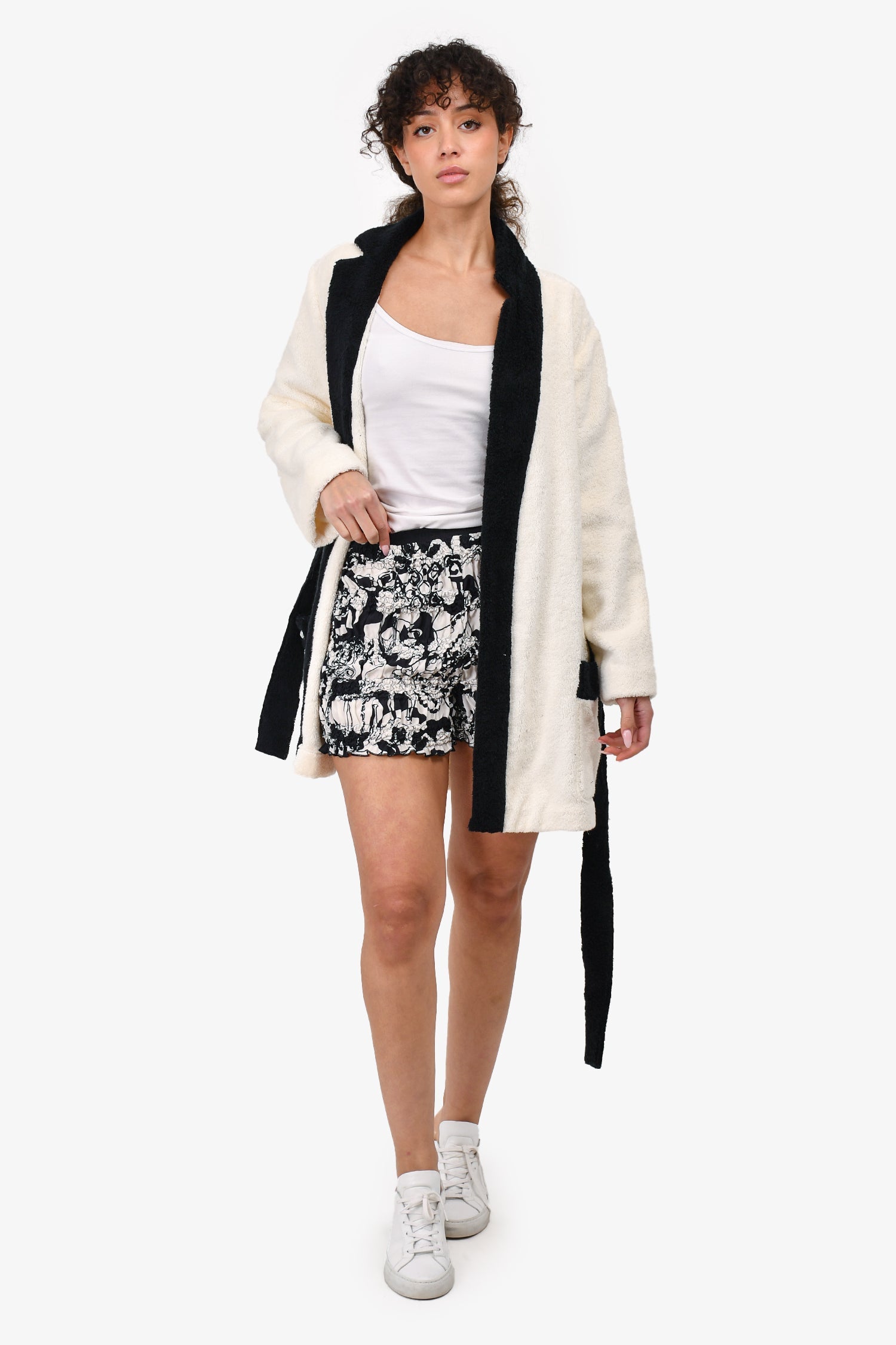Chanel™ Resort 2022 White/Black Printed Ruched Silk Mini Bloomer Shorts Size 38