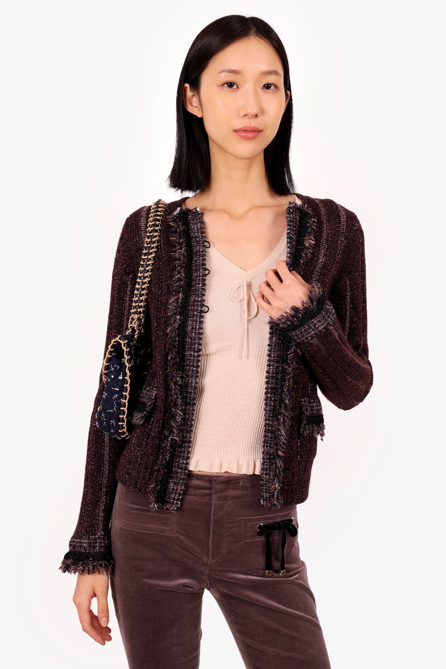Chanel™ 05A Burgundy Metallic Cashmere/Wool Tweed Knit Cardigan Size 36