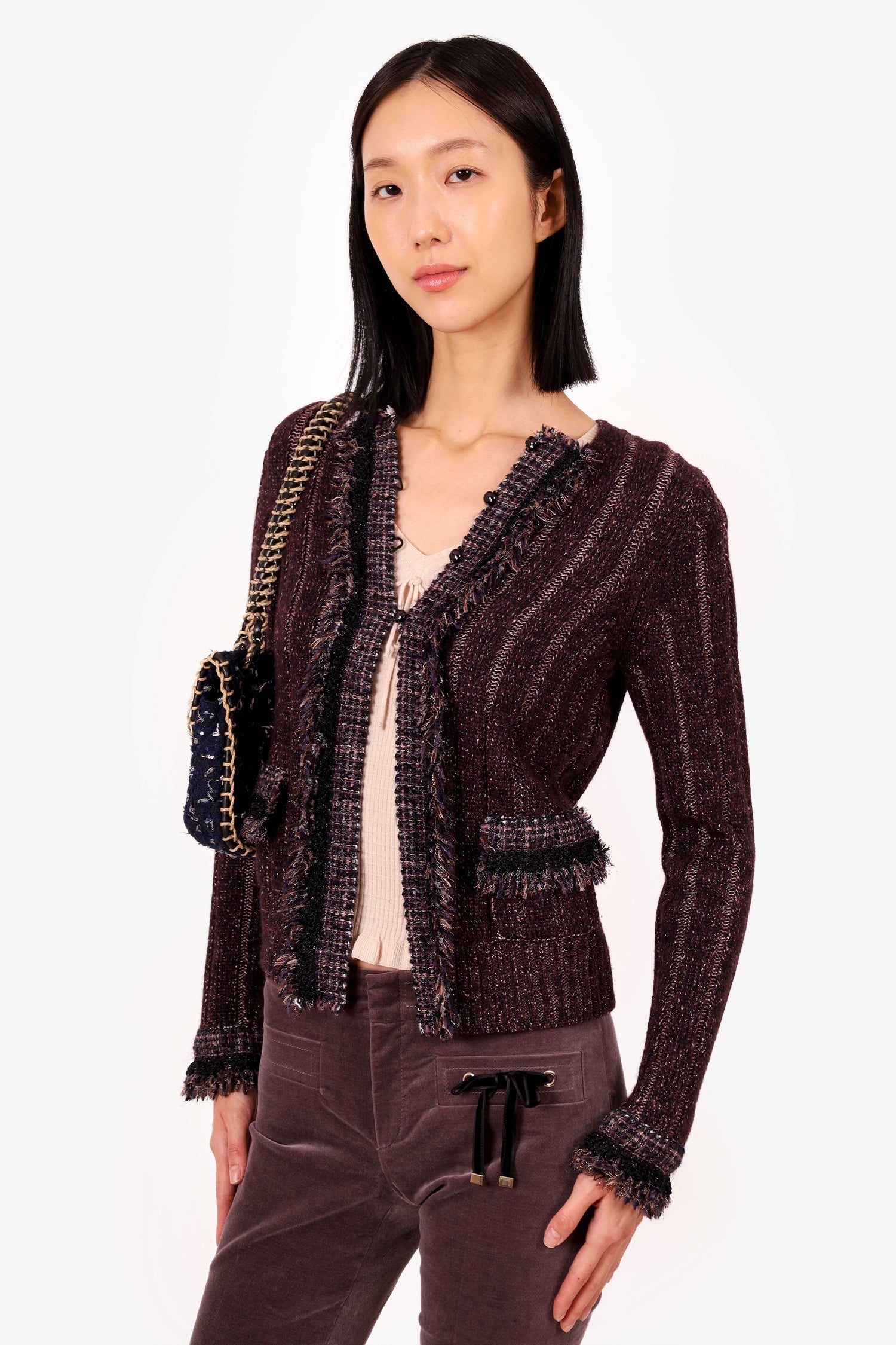 Chanel™ 05A Burgundy Metallic Cashmere/Wool Tweed Knit Cardigan Size 36