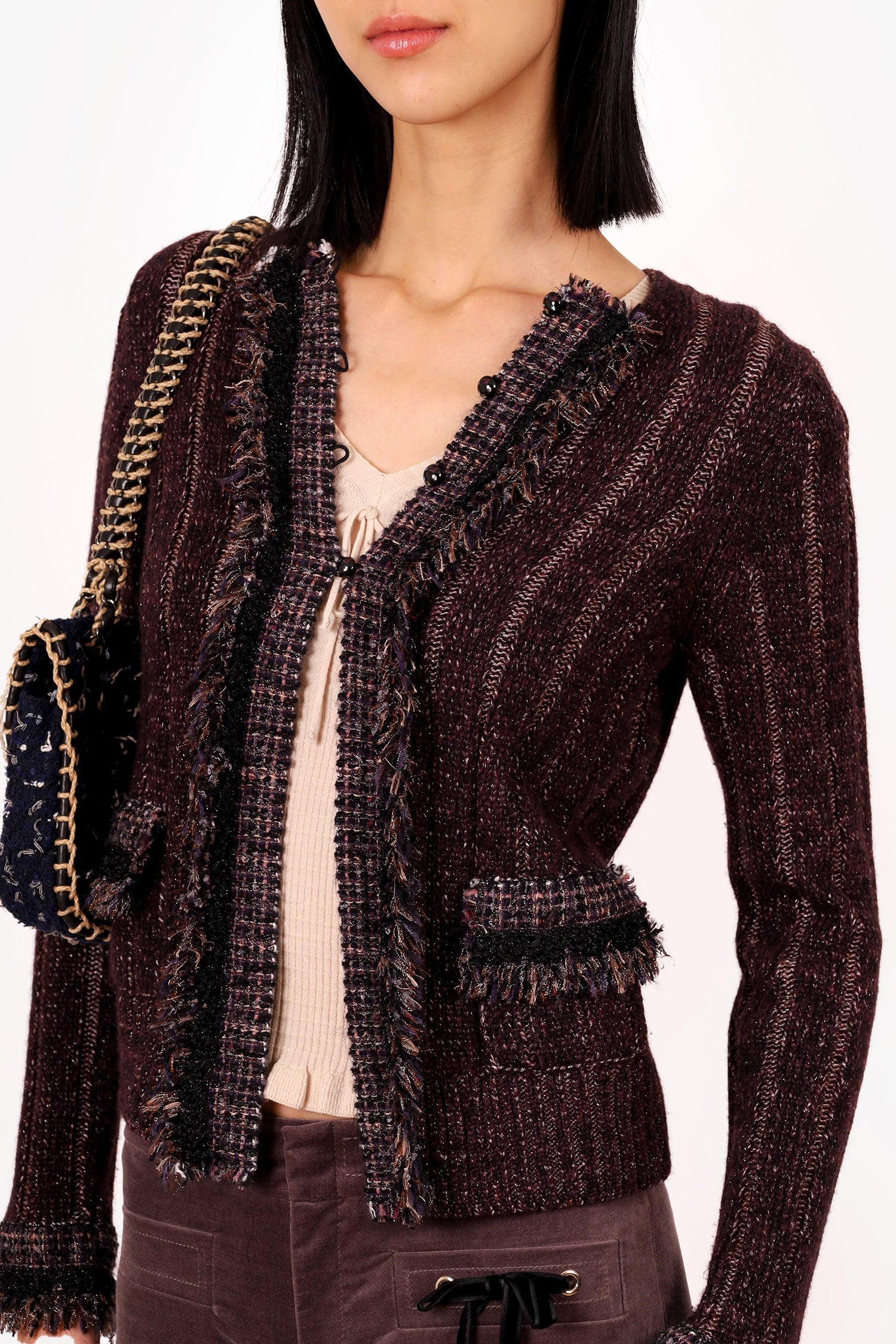 Chanel™ 05A Burgundy Metallic Cashmere/Wool Tweed Knit Cardigan Size 36