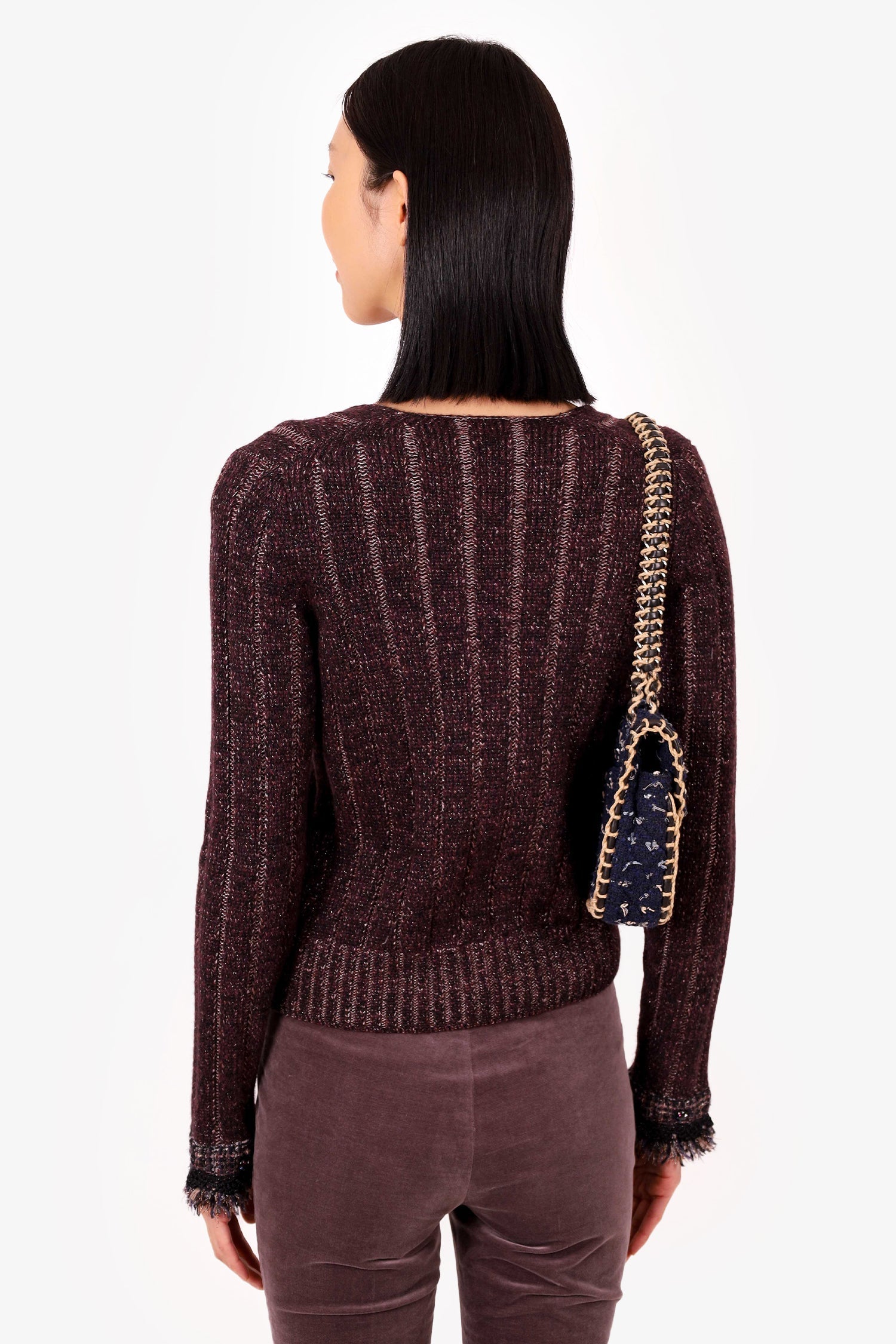 Chanel™ 05A Burgundy Metallic Cashmere/Wool Tweed Knit Cardigan Size 36