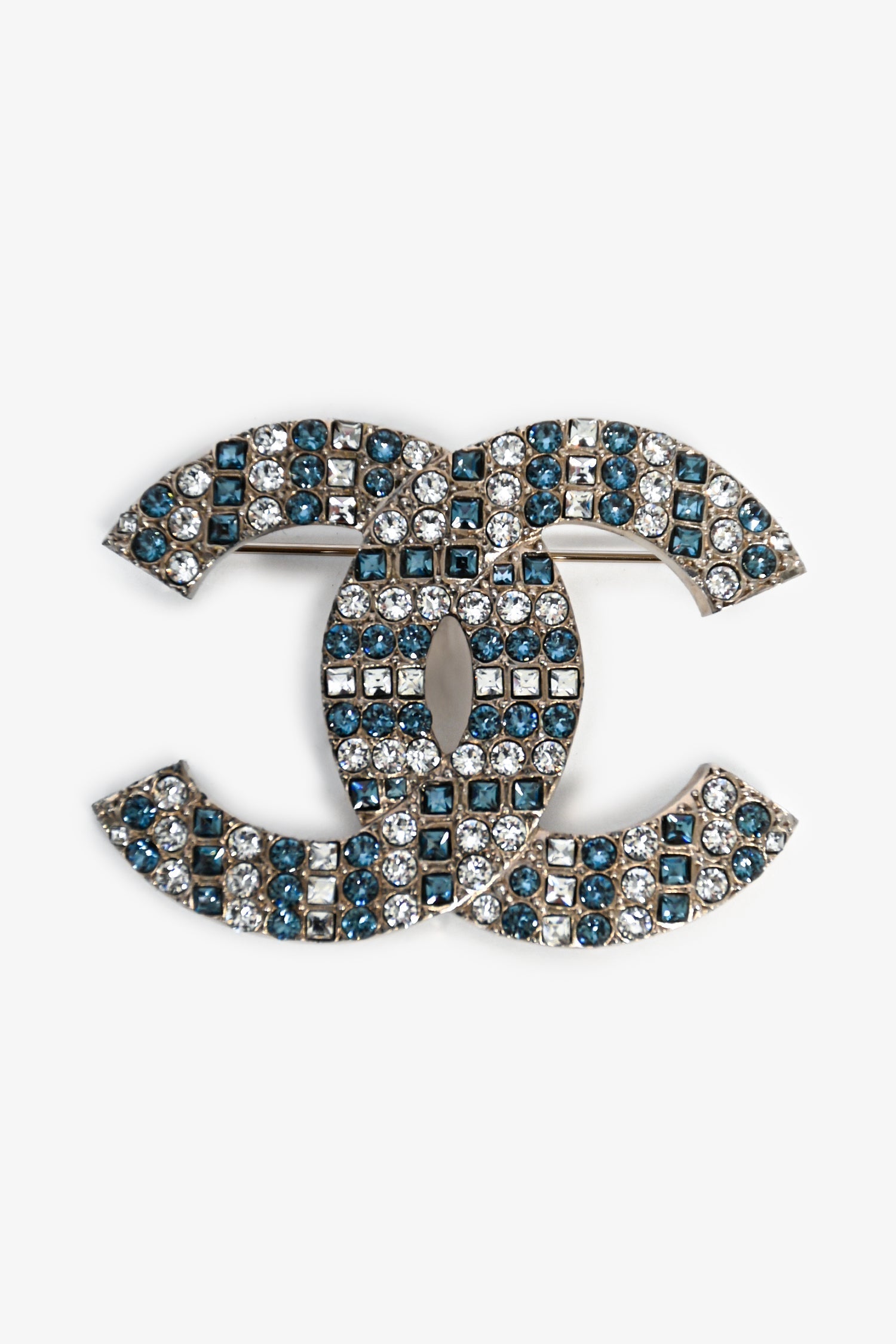 Chanel™ 2019 Silver Toned Blue Crystal Embellished CC Brooch