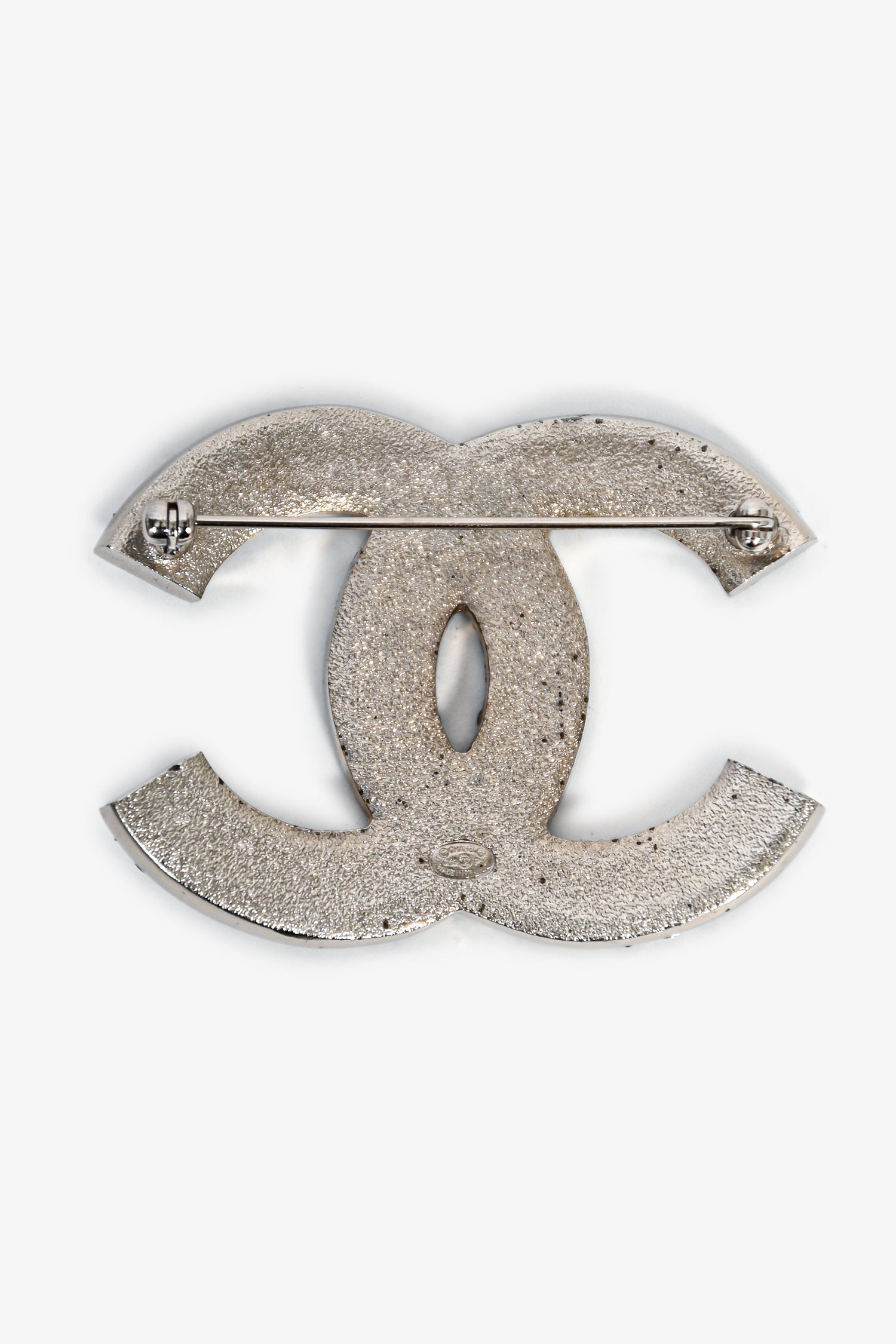 Chanel™ 2019 Silver Toned Blue Crystal Embellished CC Brooch