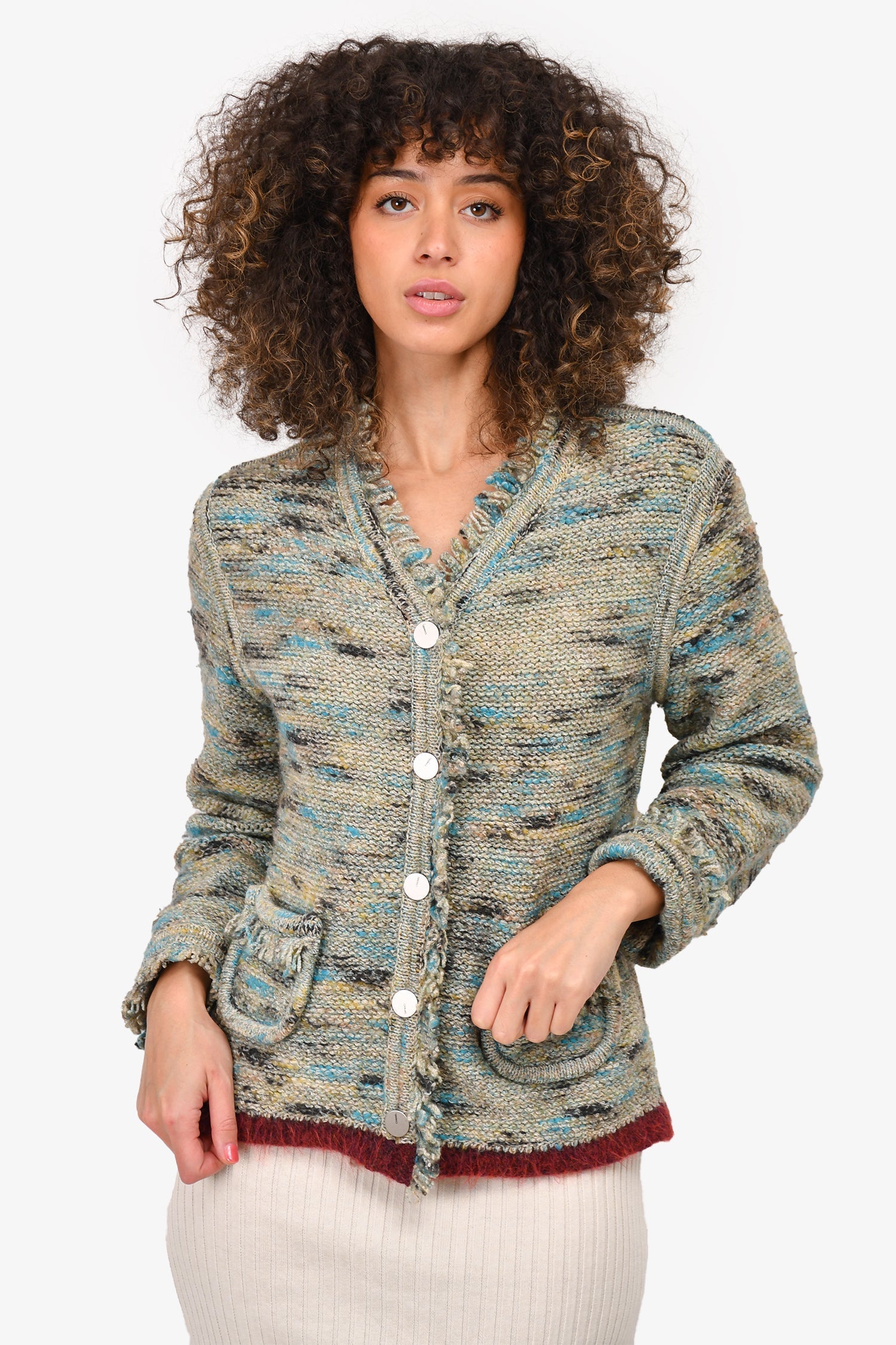 Chanel™ Identification 1999 Green Tweed Cardigan with Fringe Detail Size 42
