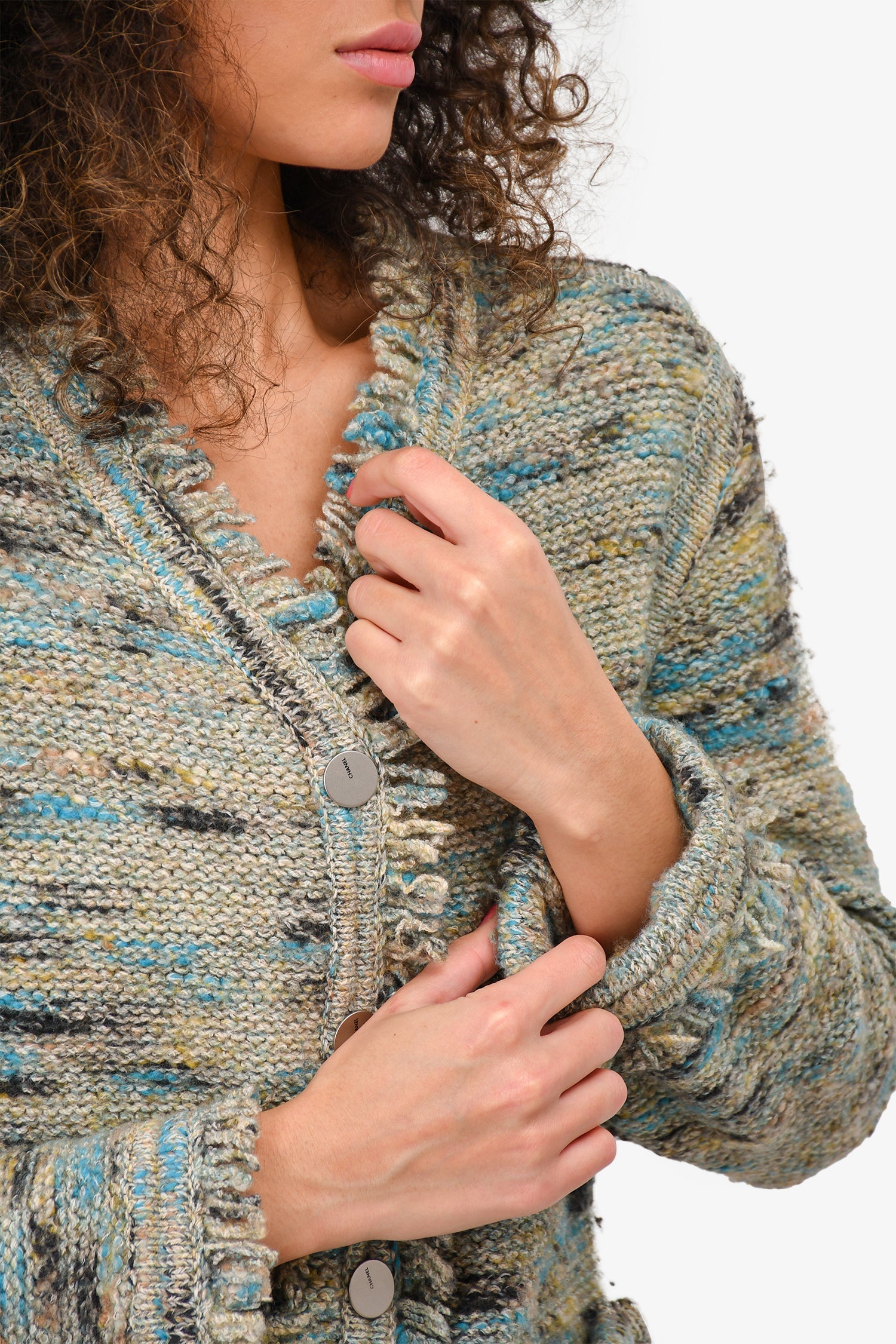 Chanel™ Identification 1999 Green Tweed Cardigan with Fringe Detail Size 42