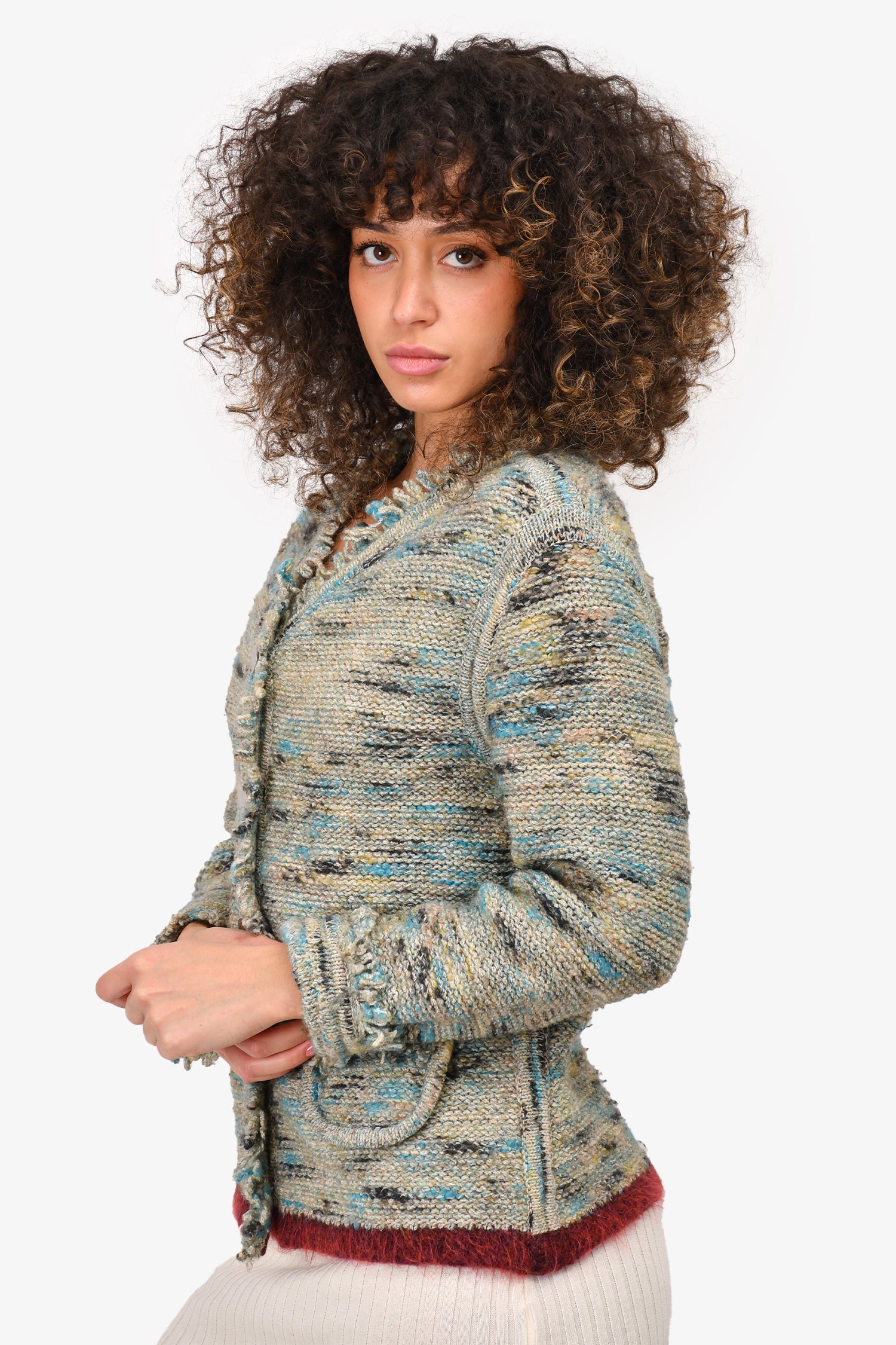 Chanel™ Identification 1999 Green Tweed Cardigan with Fringe Detail Size 42