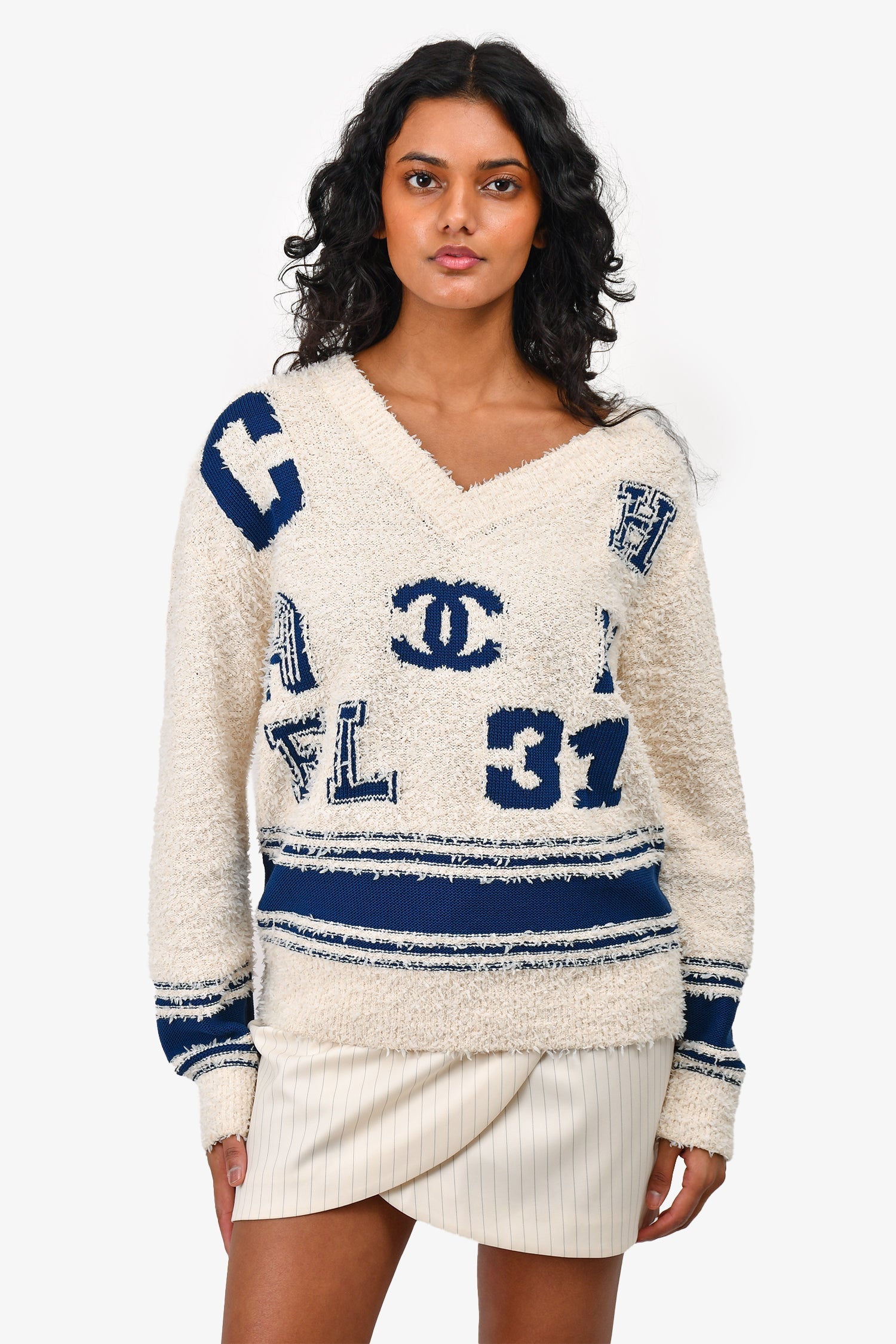 Chanel™ 2019 White/Blue Cotton/Silk Varsity Logo Sweater Size 38