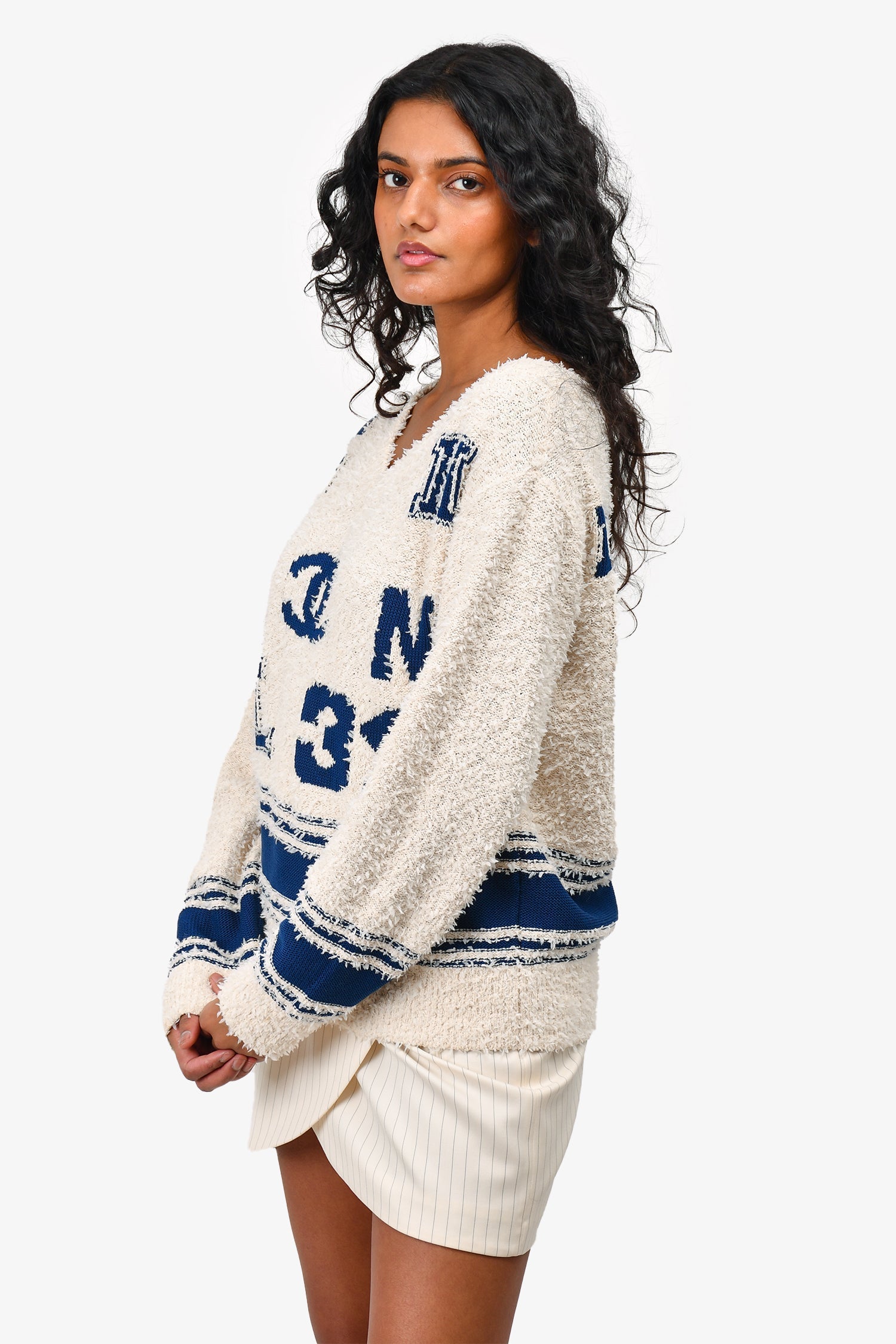 Chanel™ 2019 White/Blue Cotton/Silk Varsity Logo Sweater Size 38