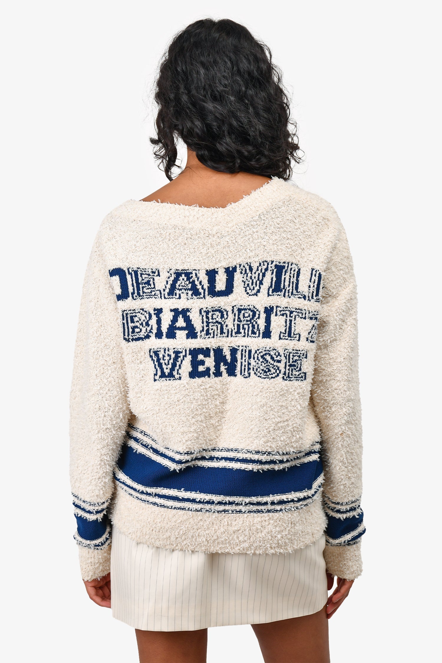 Chanel™ 2019 White/Blue Cotton/Silk Varsity Logo Sweater Size 38