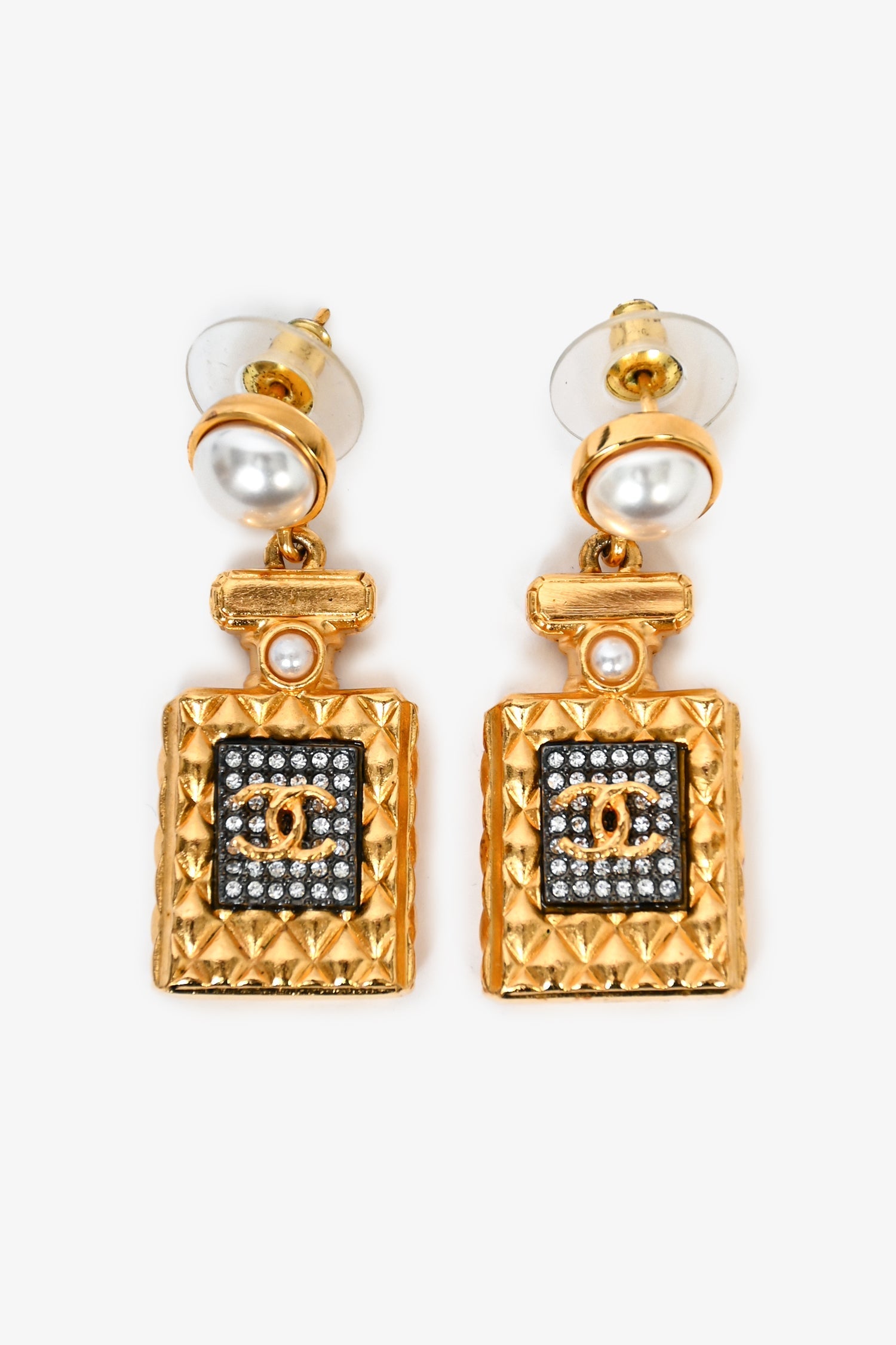 Chanel™ 2022 Gold Toned Faux Pearl Perfume Bottle Earrings