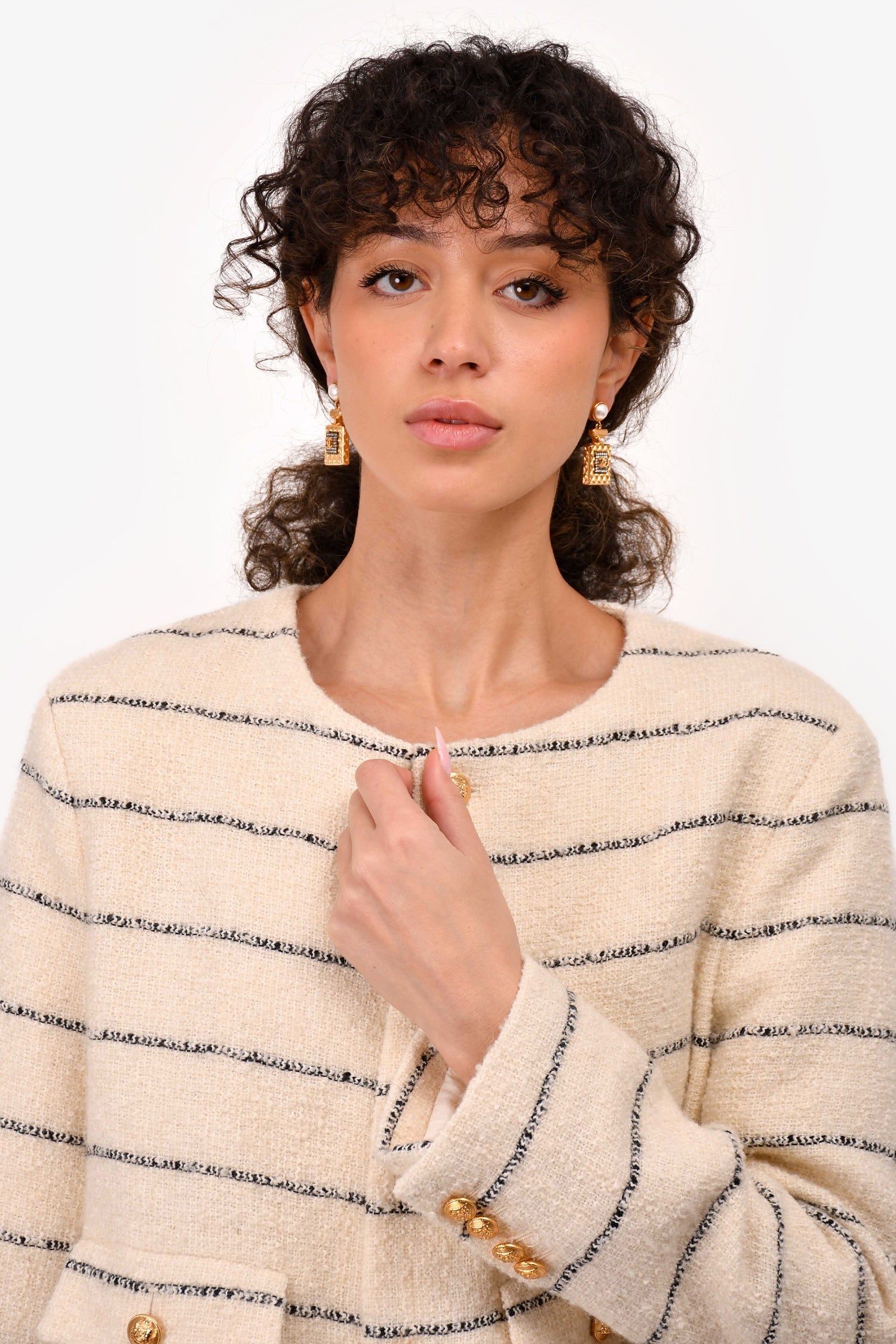 Chanel™ 2022 Gold Toned Faux Pearl Perfume Bottle Earrings