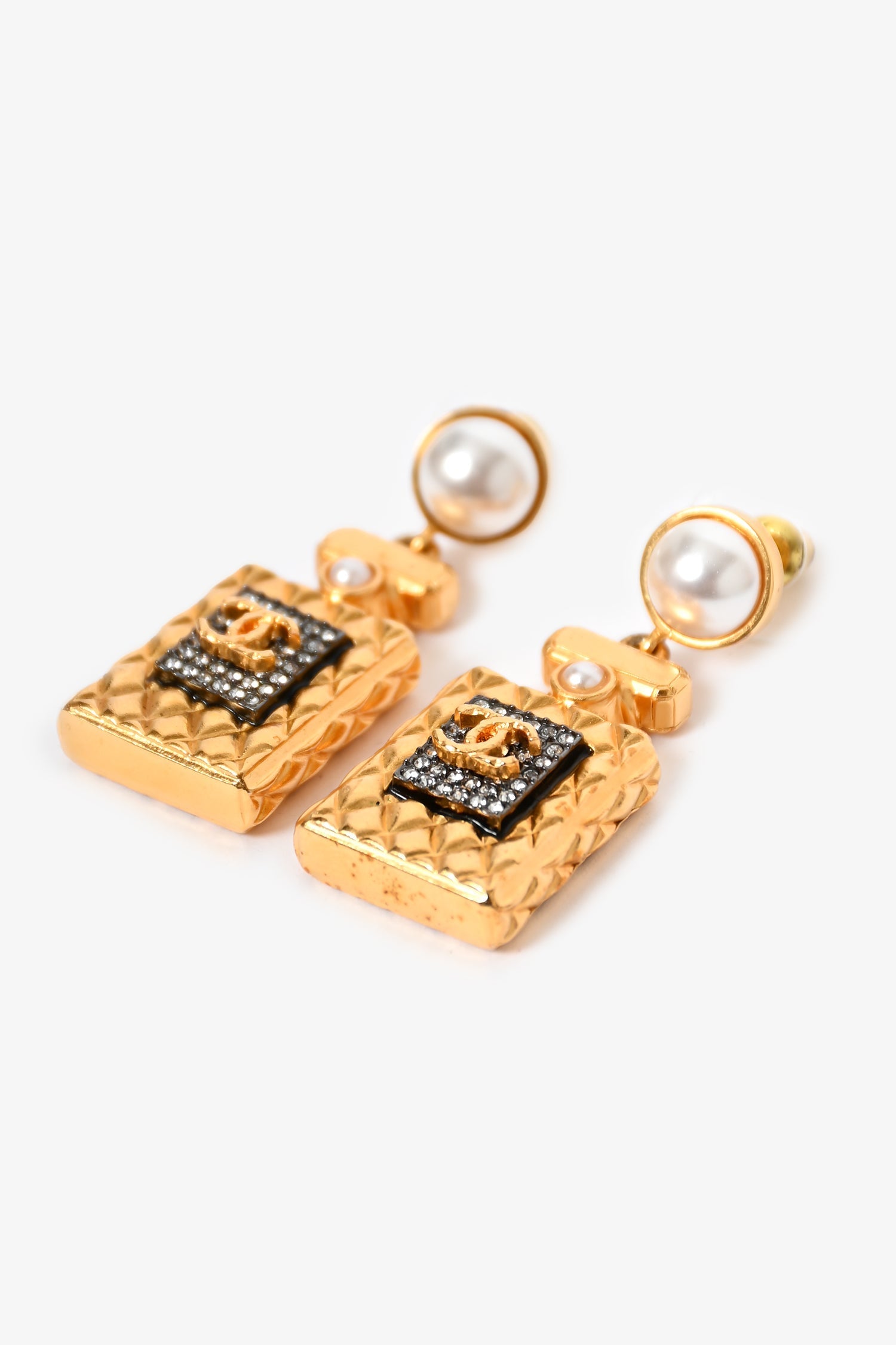 Chanel™ 2022 Gold Toned Faux Pearl Perfume Bottle Earrings