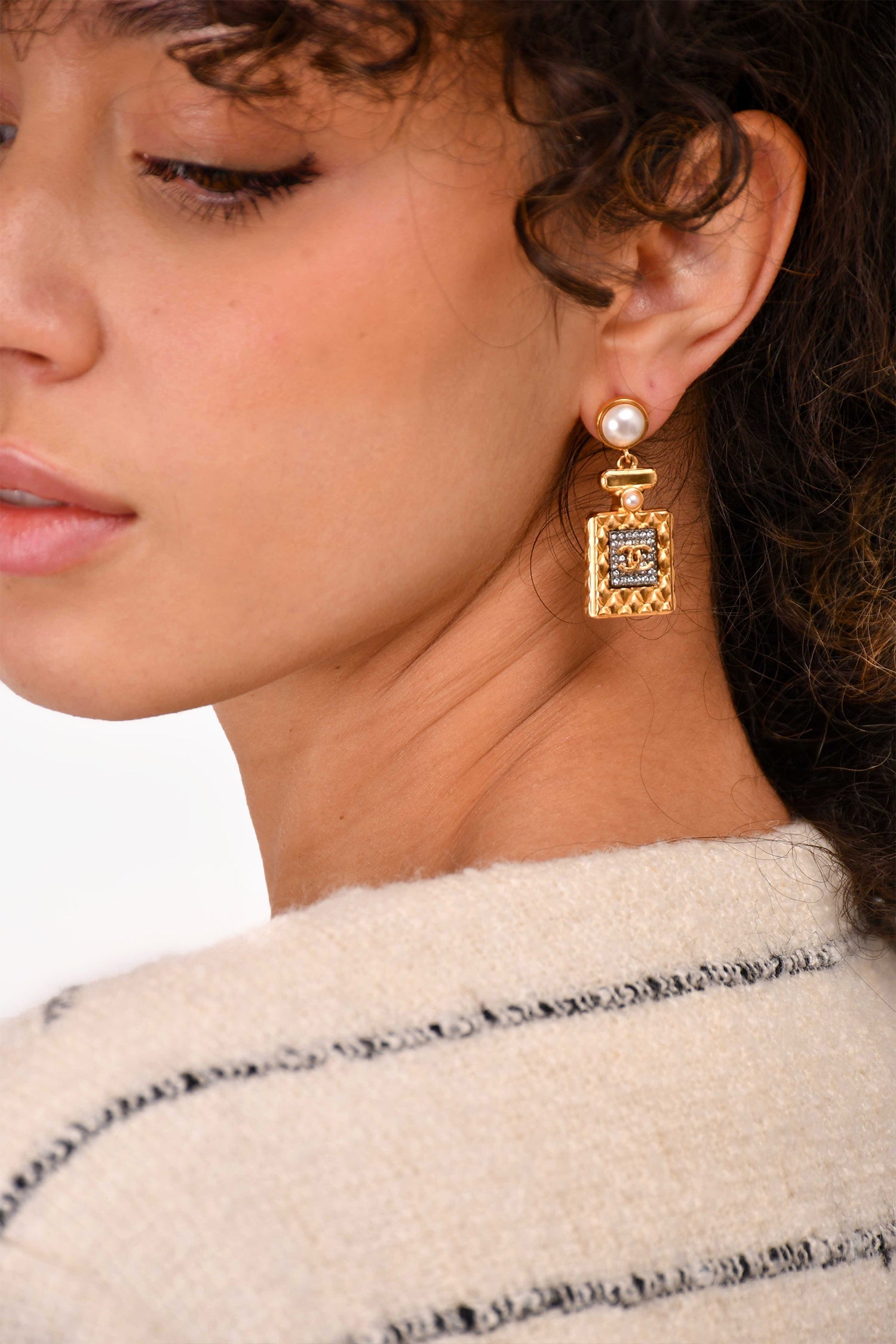 Chanel™ 2022 Gold Toned Faux Pearl Perfume Bottle Earrings