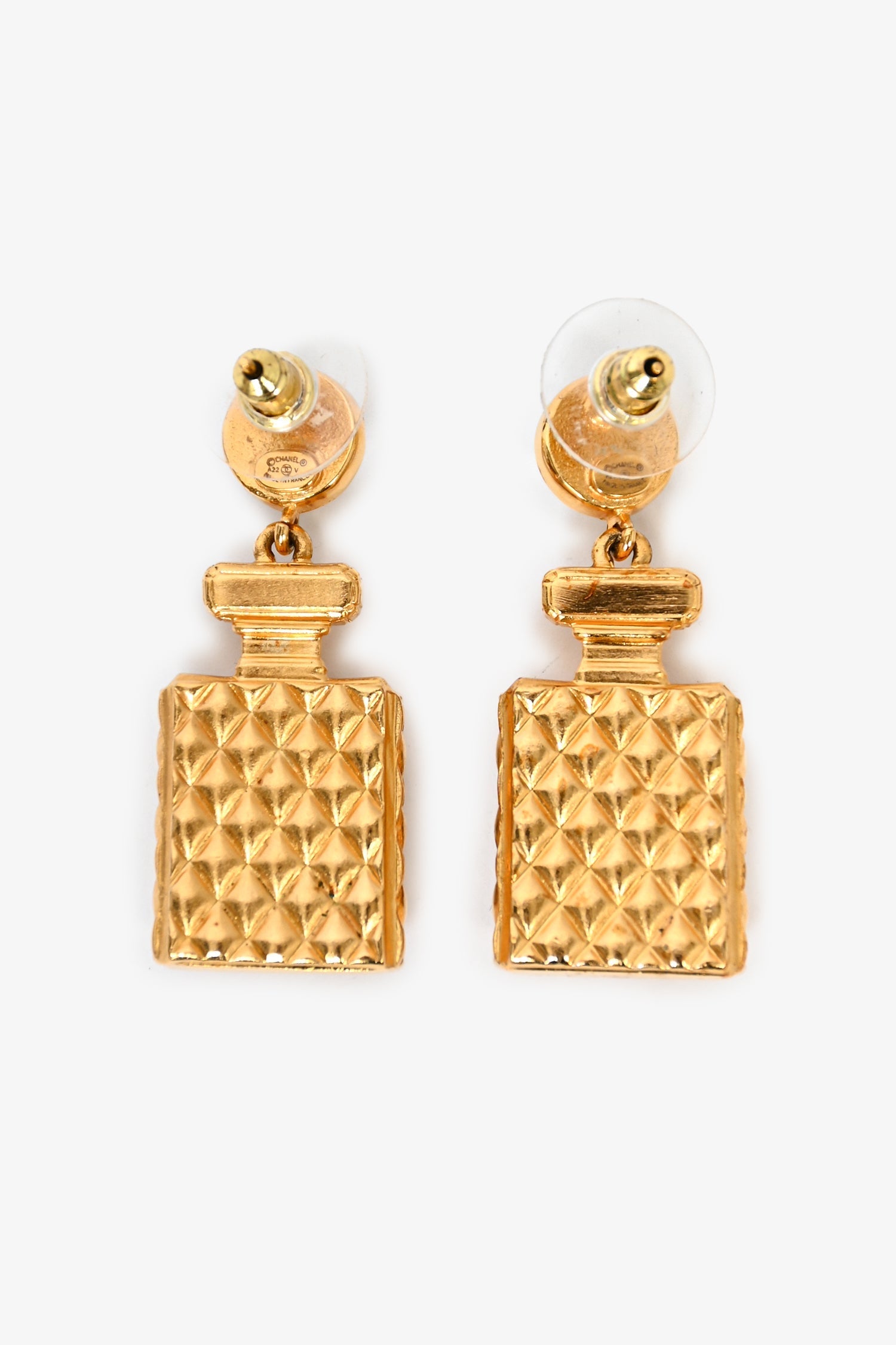 Chanel™ 2022 Gold Toned Faux Pearl Perfume Bottle Earrings