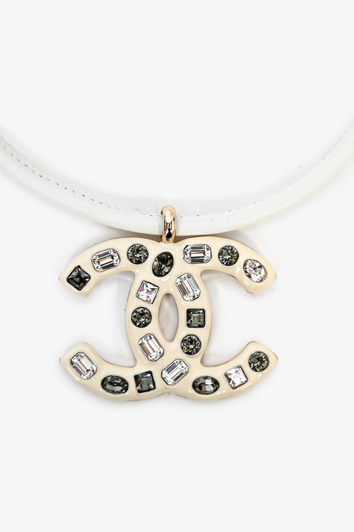 Chanel™ 2019 White Leather Resin Crystal Embellished CC Necklace
