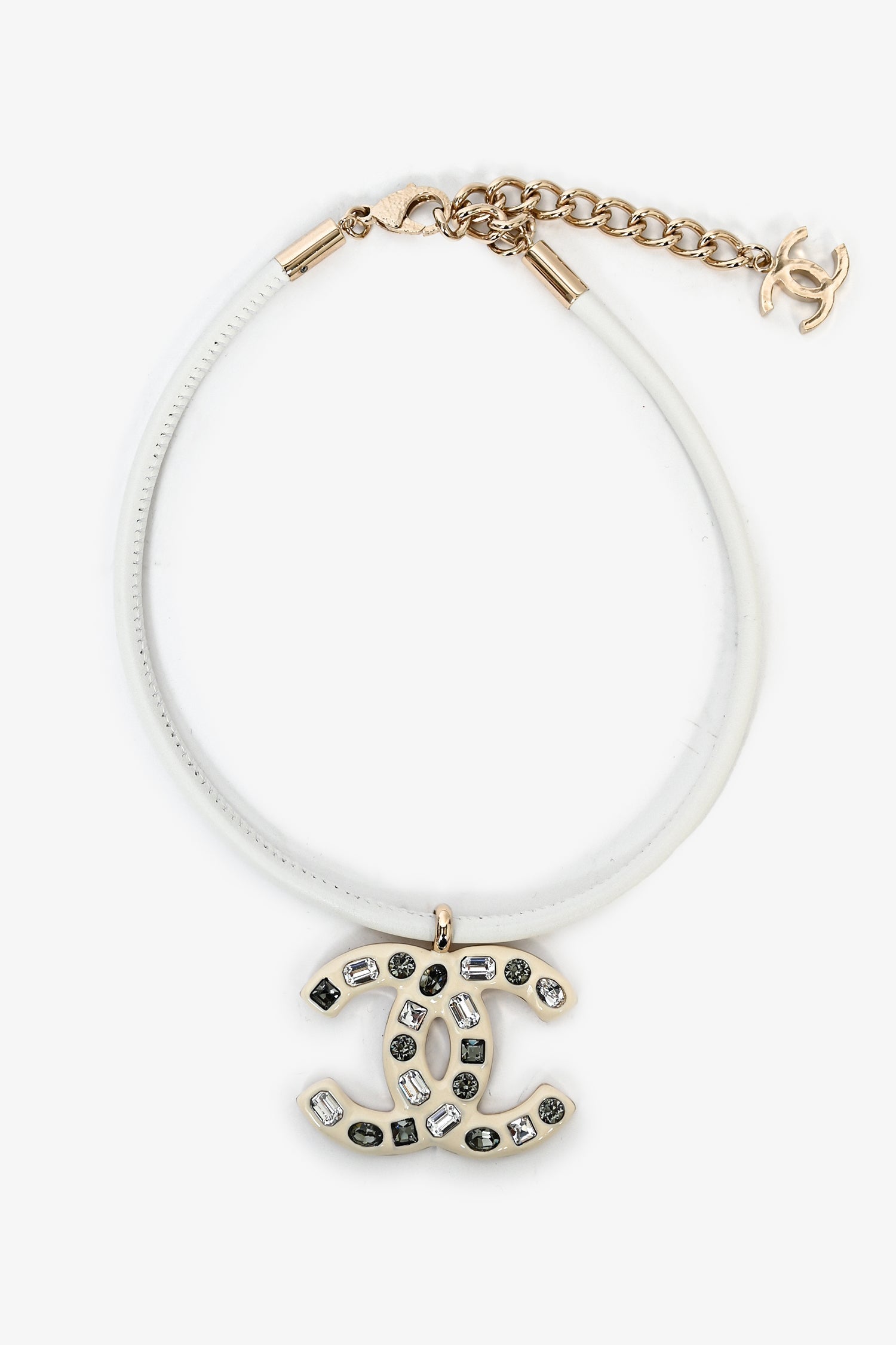 Chanel™ 2019 White Leather Resin Crystal Embellished CC Necklace