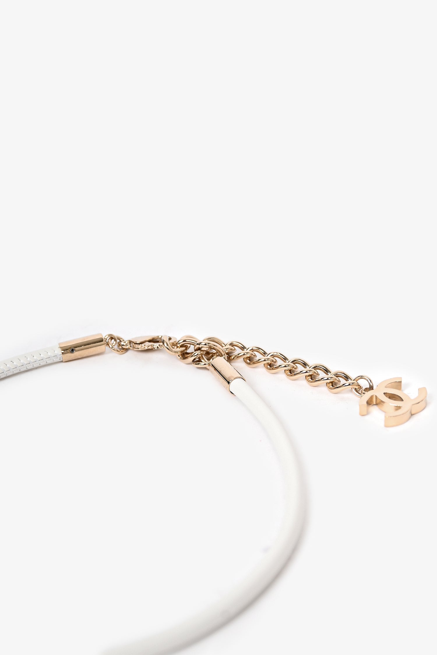 Chanel™ 2019 White Leather Resin Crystal Embellished CC Necklace
