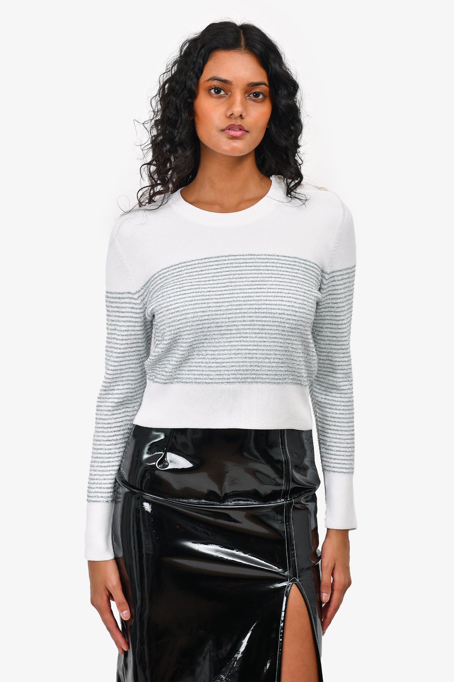 Chanel™ 2024 White/Silver CC Stripe Crew Neck Cropped Sweater Size 36
