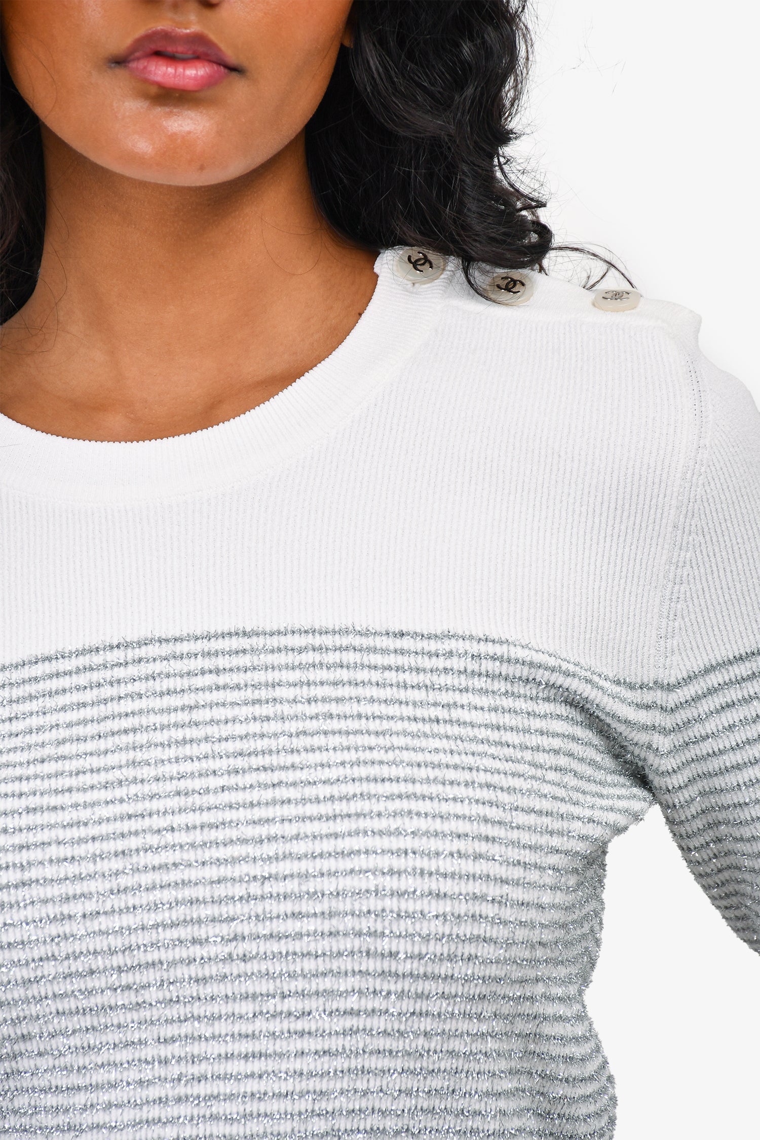 Chanel™ 2024 White/Silver CC Stripe Crew Neck Cropped Sweater Size 36