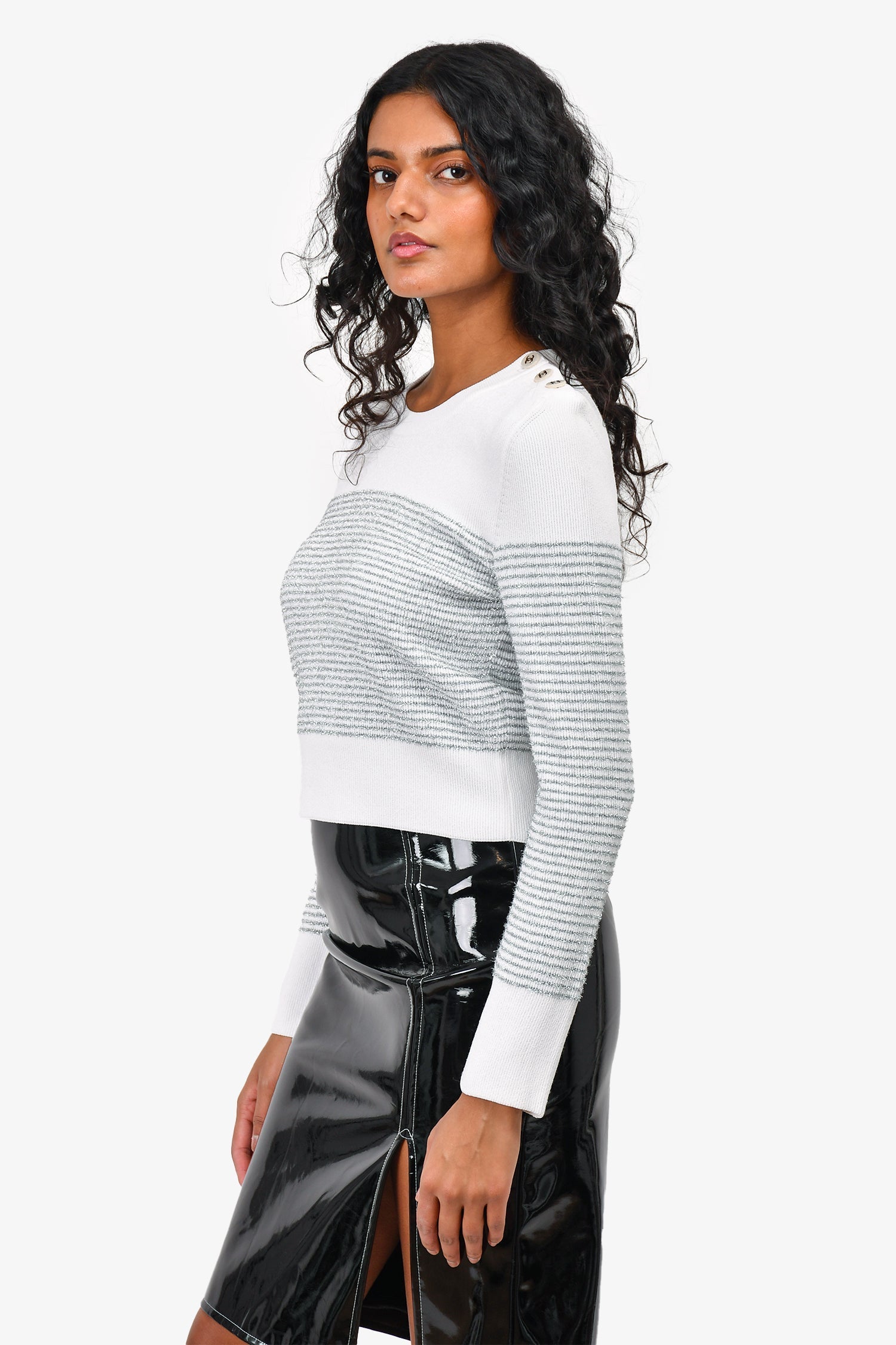 Chanel™ 2024 White/Silver CC Stripe Crew Neck Cropped Sweater Size 36