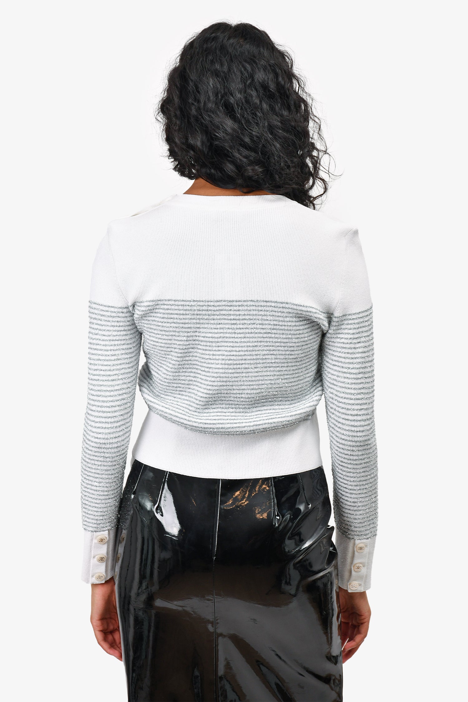 Chanel™ 2024 White/Silver CC Stripe Crew Neck Cropped Sweater Size 36