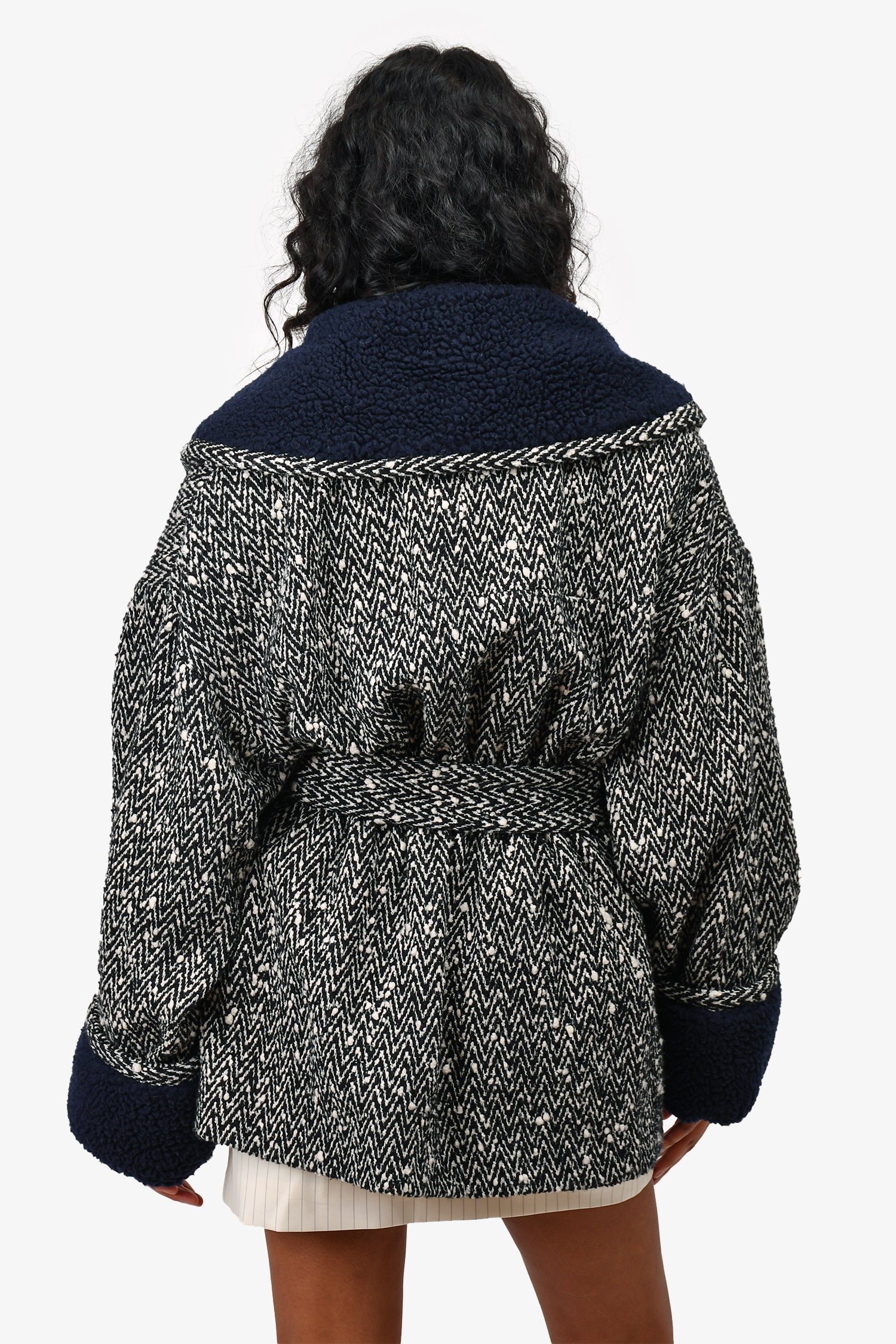 Chanel™ 2019 Black/White/Navy Chevron Pattern Jacket with Belt Size 38