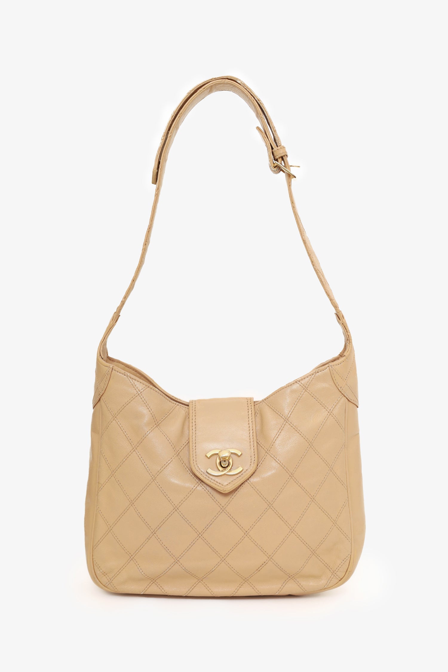 Chanel™ 1986-88 Beige Quilted Lambskin CC Hobo Shoulder Bag with Pouch