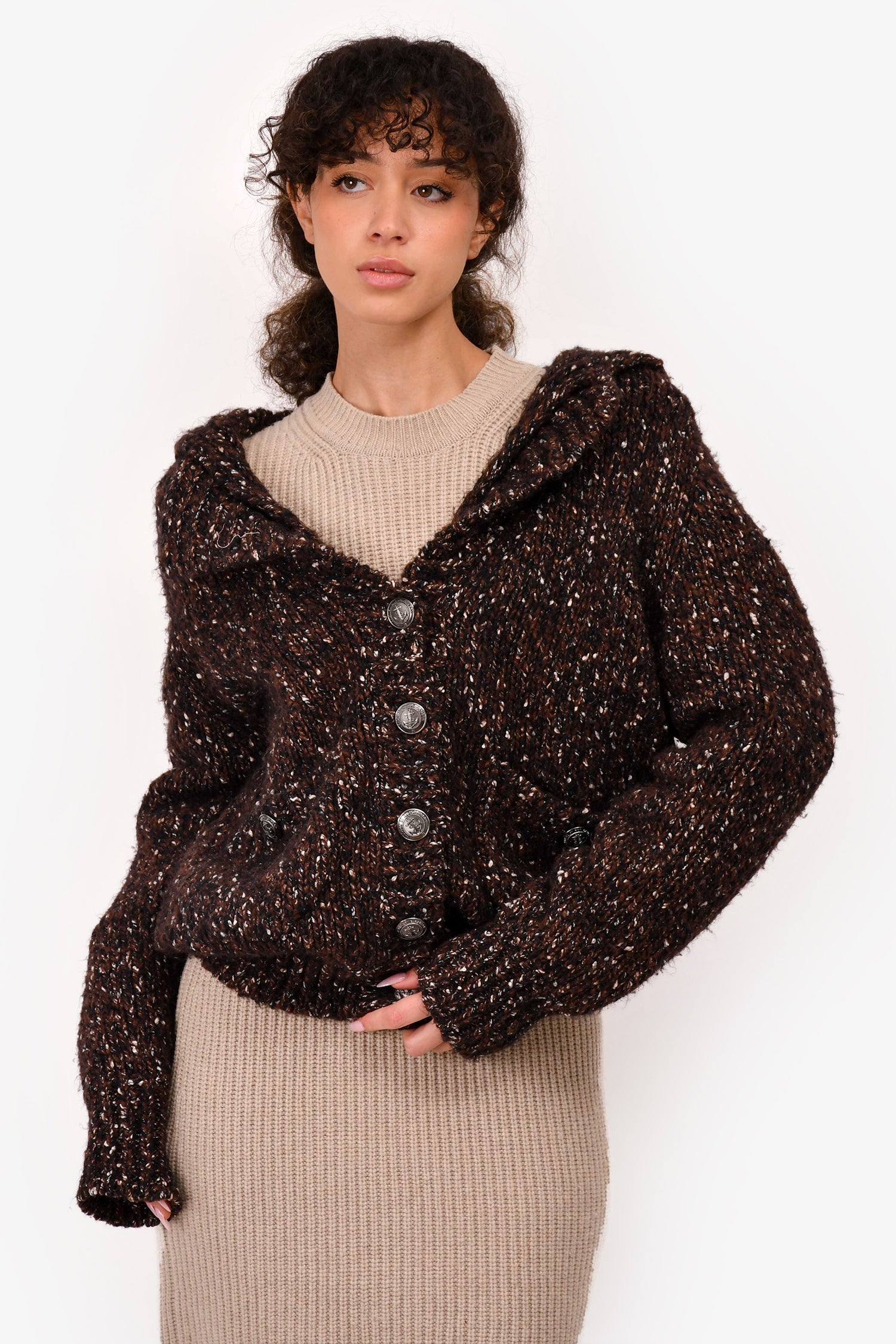 Chanel™ Brown/Black Wool Blend Knit Button Down Sweater Size 38