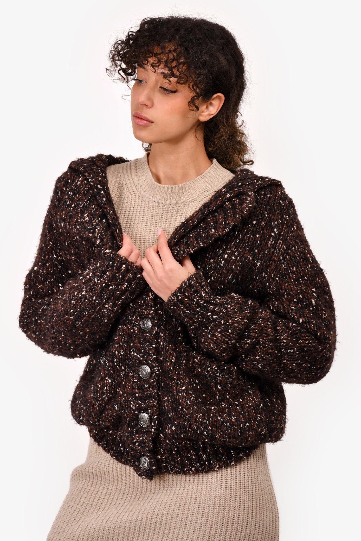 Chanel™ Brown/Black Wool Blend Knit Button Down Sweater Size 38