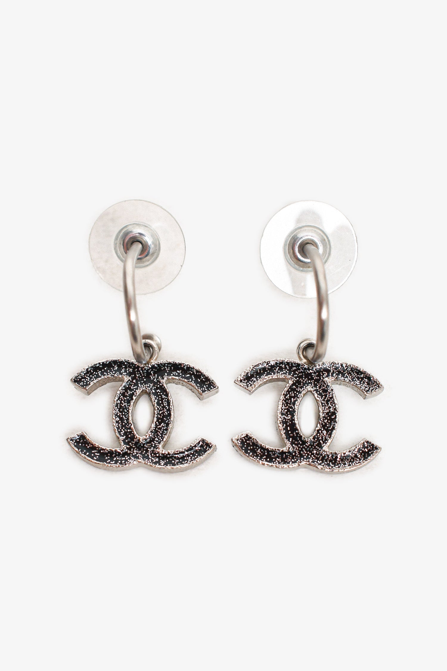 Chanel™ 2010 Silver Tone Black Crystal Embellished CC Ear Pendants