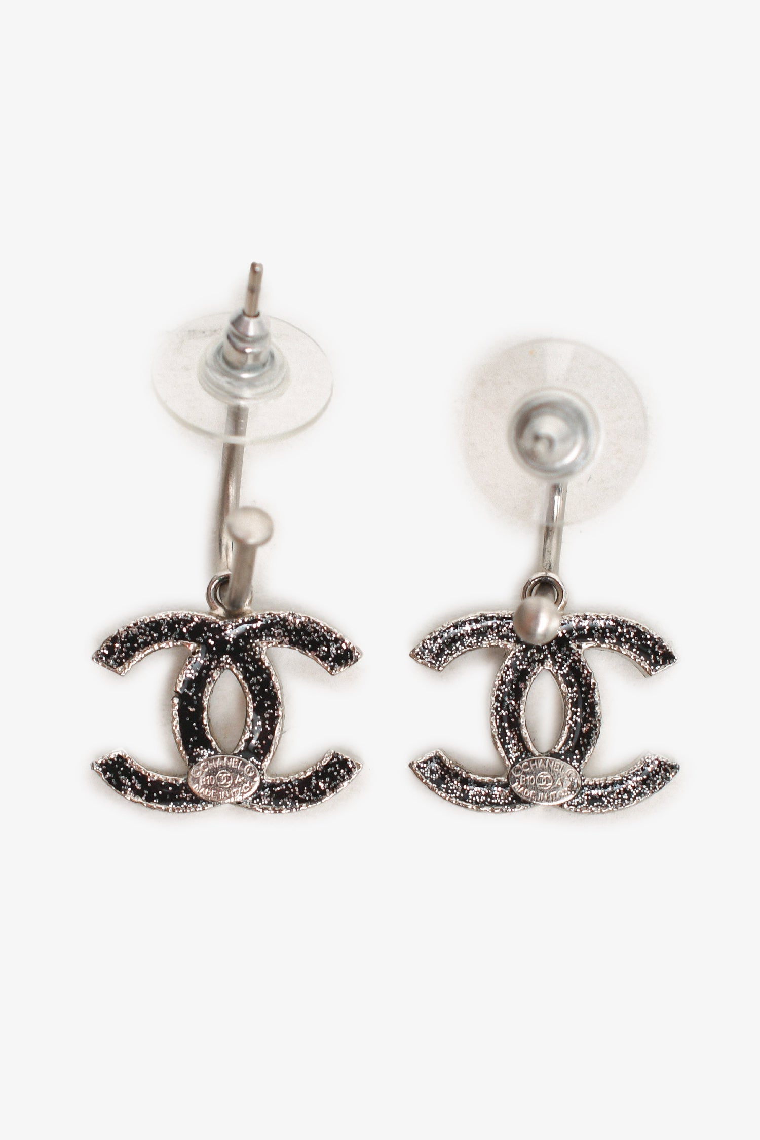 Chanel™ 2010 Silver Tone Black Crystal Embellished CC Ear Pendants
