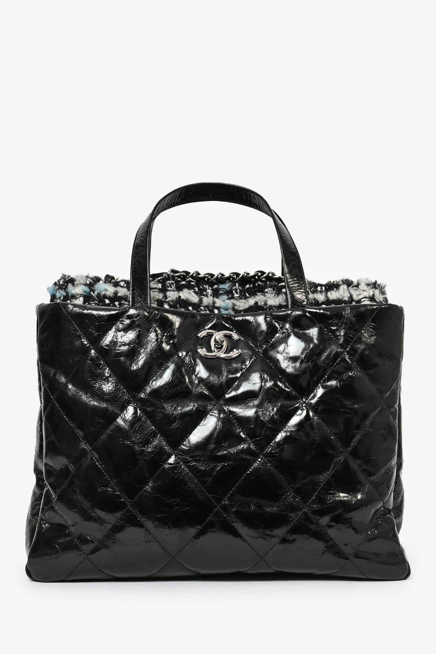 Chanel™ 2010/11 Black Glossy Calfskin Leather/Tweed Portobello Tote Bag