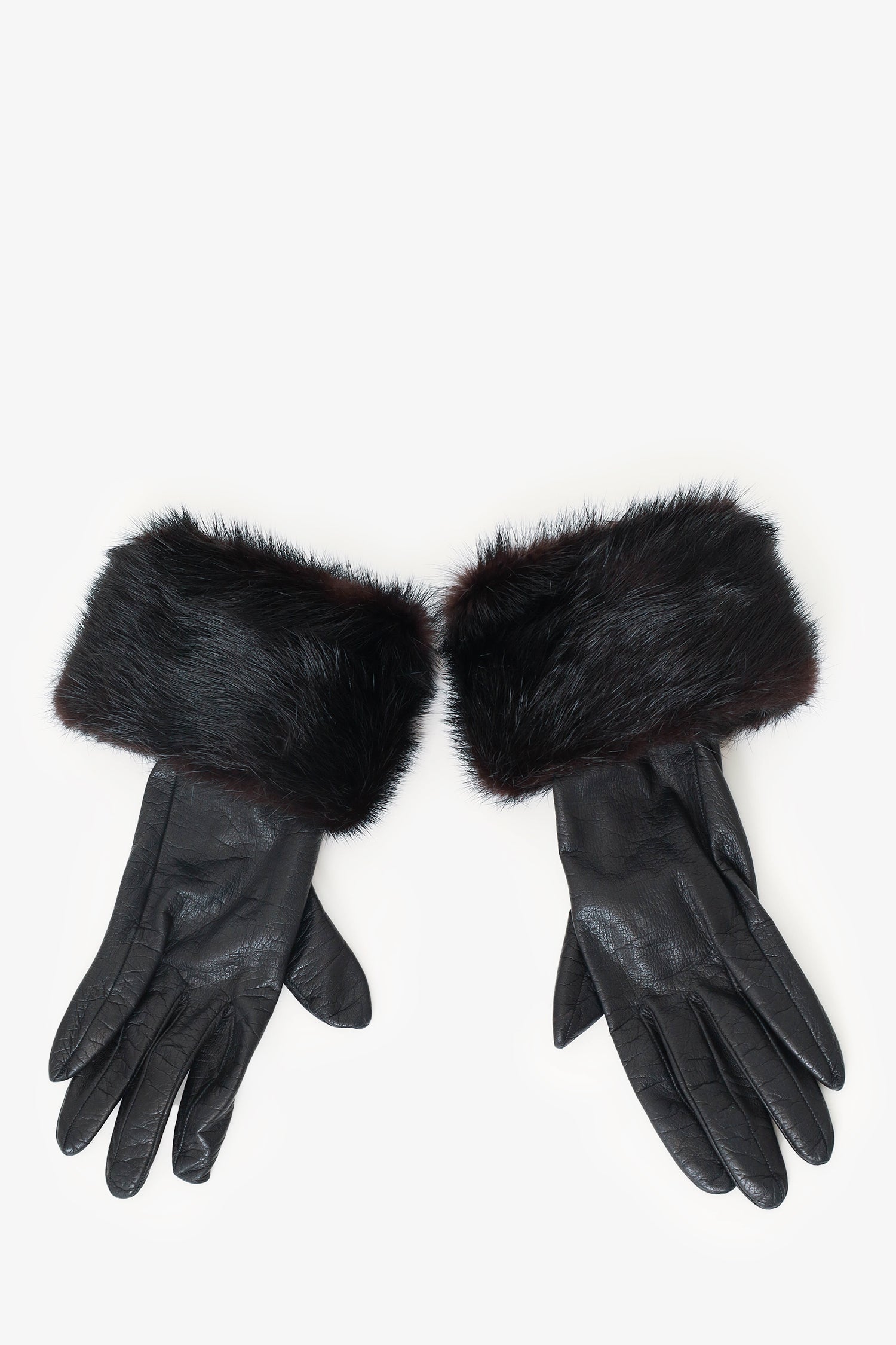 Chanel™ Black Leather Fur Trim Gloves