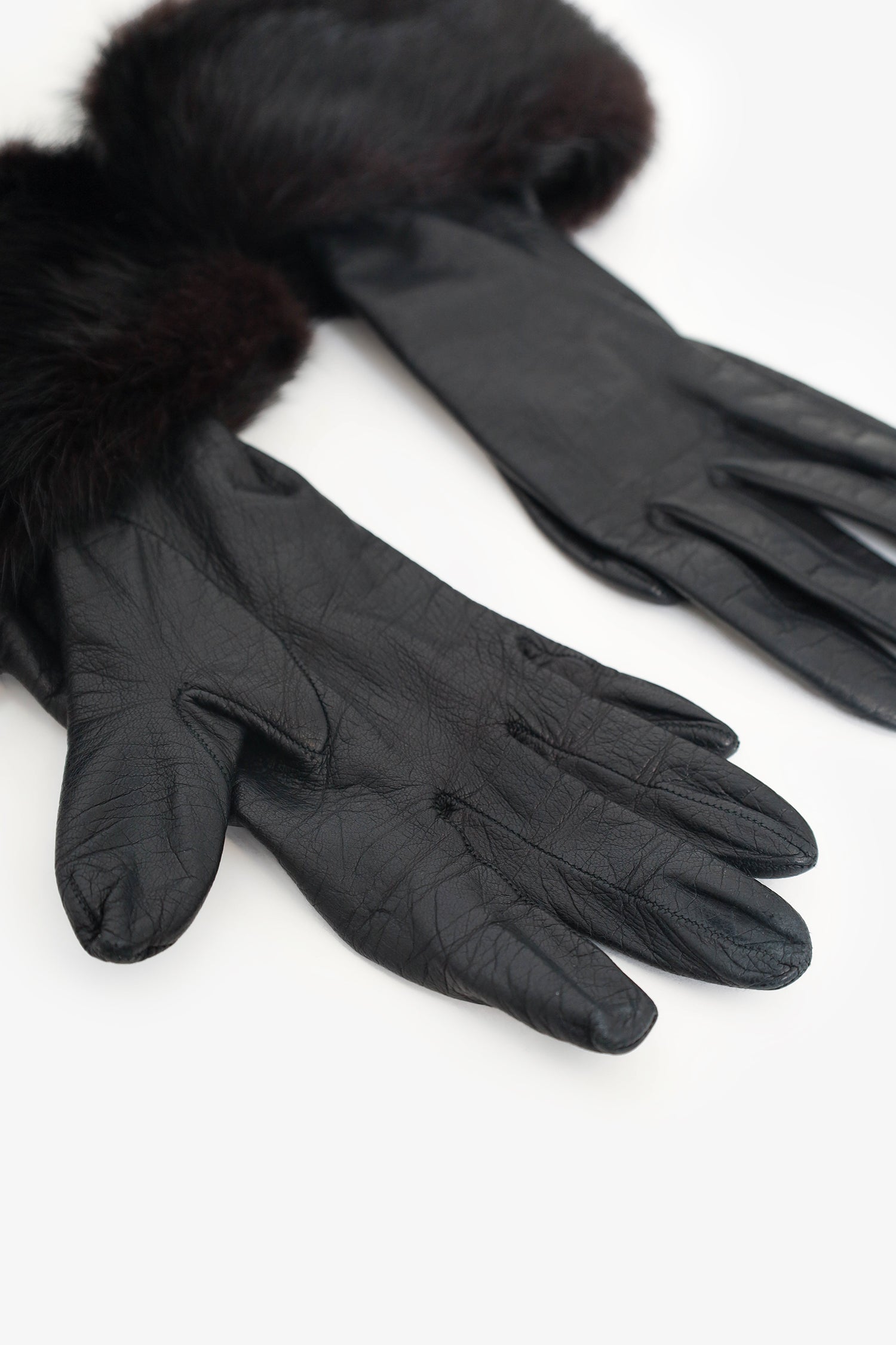 Chanel™ Black Leather Fur Trim Gloves