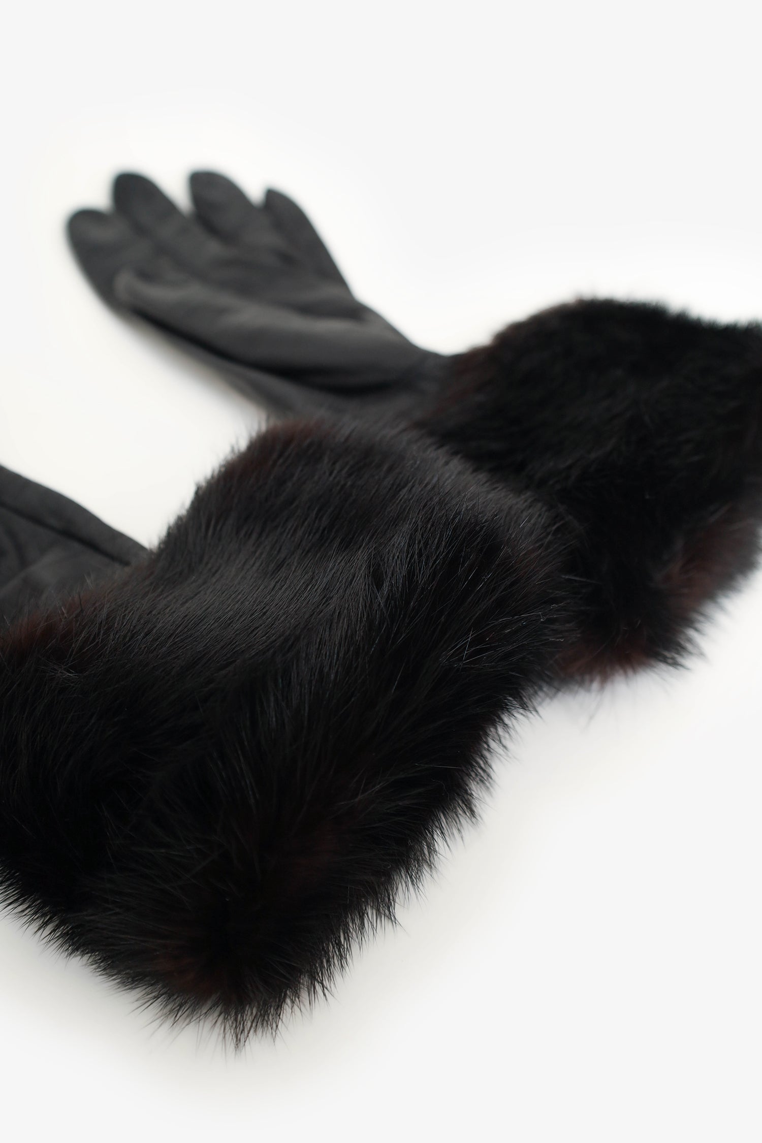 Chanel™ Black Leather Fur Trim Gloves