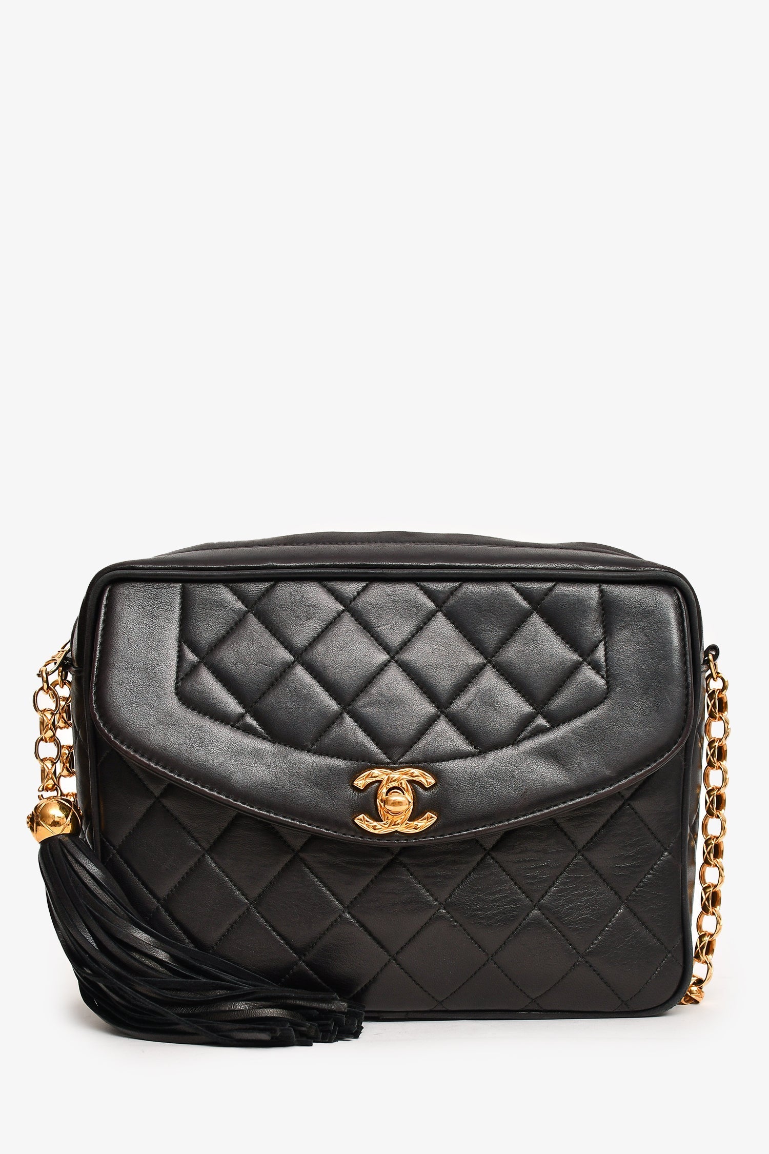 Chanel™ 1991-4 Black Leather Quilted Turn Lock Camera Crossbody
