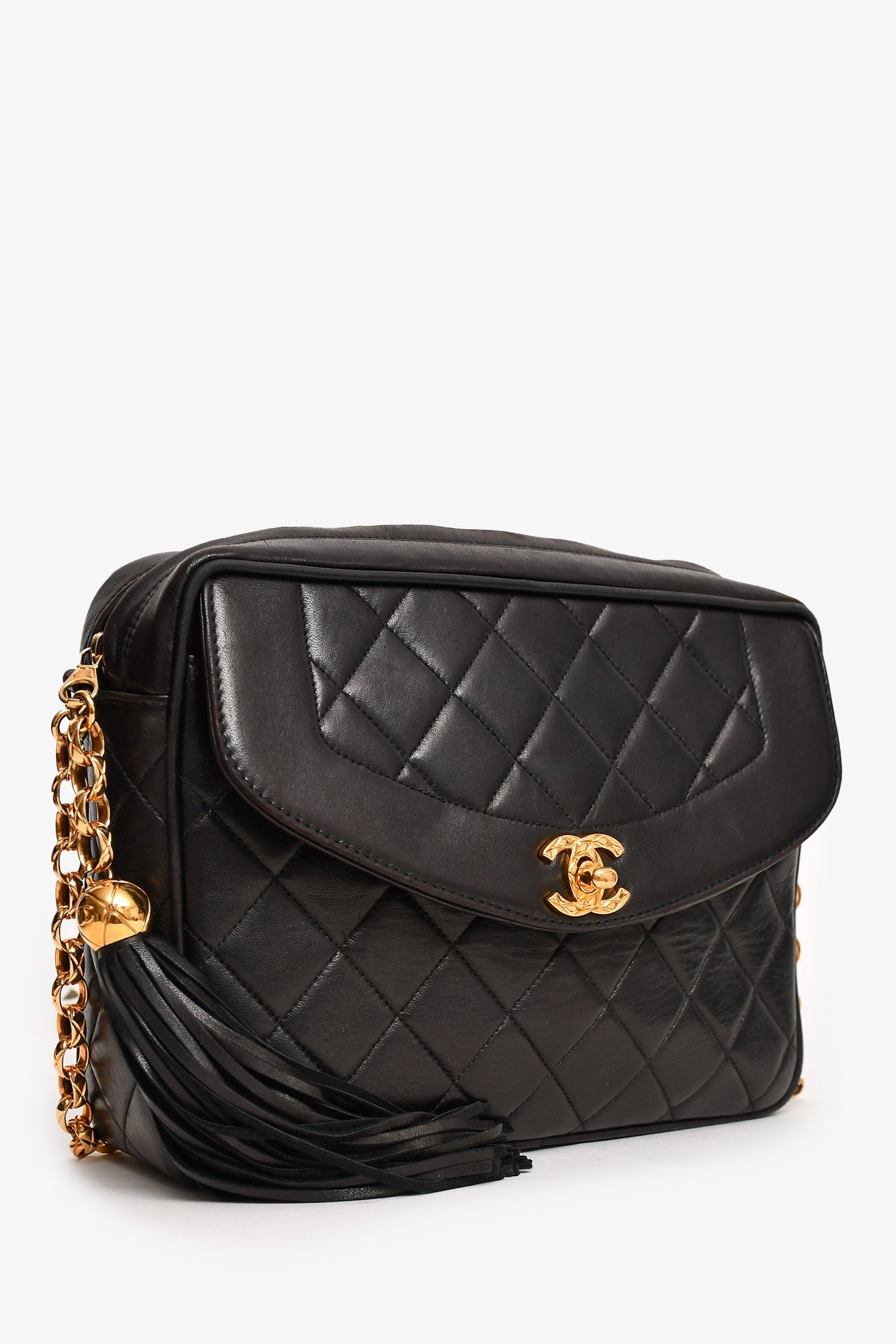 Chanel™ 1991-4 Black Leather Quilted Turn Lock Camera Crossbody