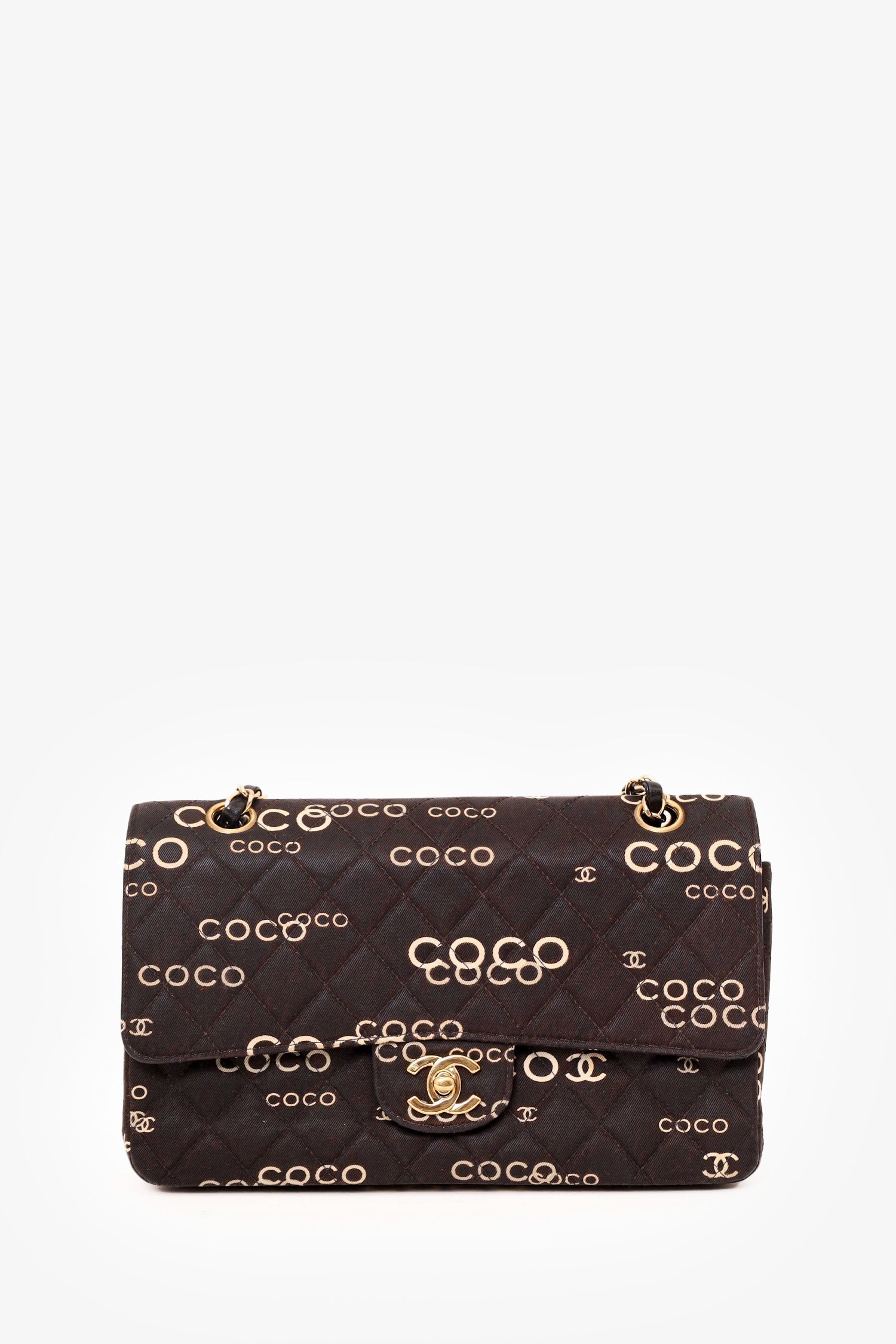 Chanel™ 2002-03 Black/White Denim Quilted Coco Print Medium Double Flap Bag