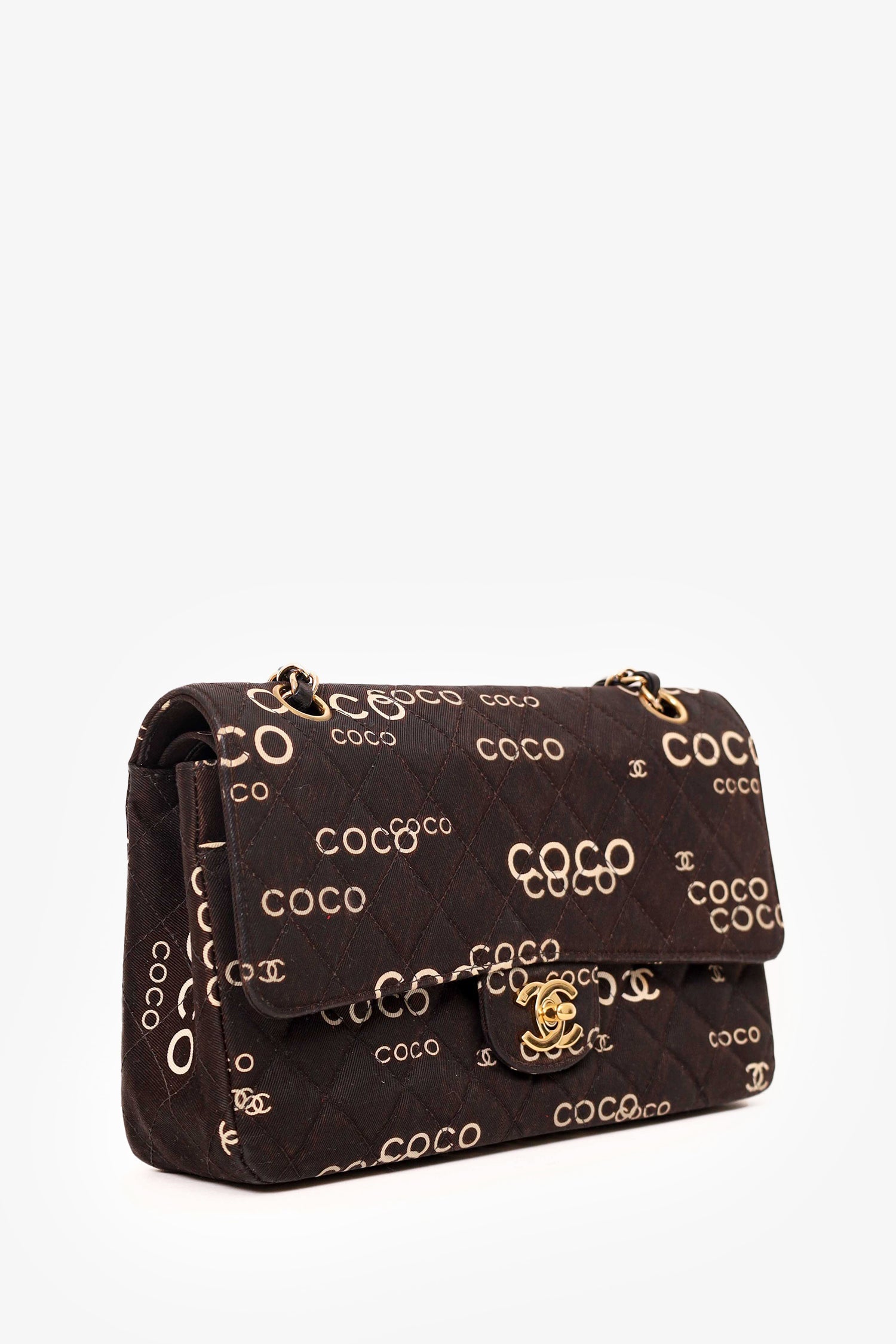 Chanel™ 2002-03 Black/White Denim Quilted Coco Print Medium Double Flap Bag