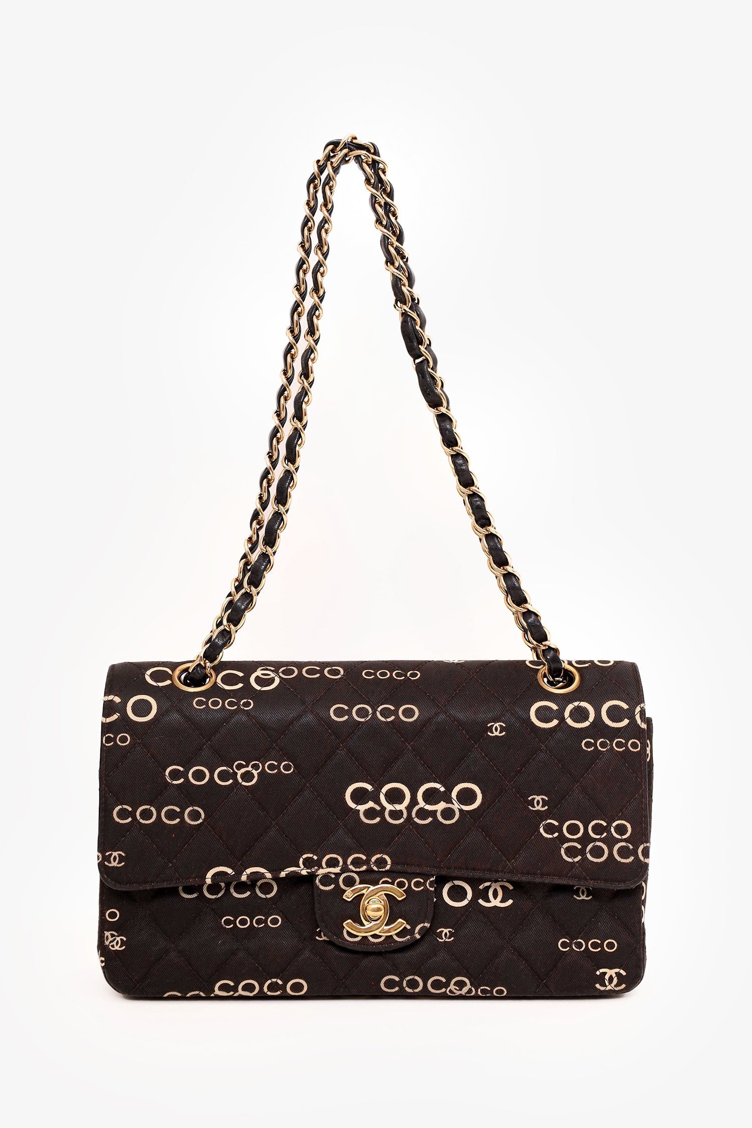 Chanel™ 2002-03 Black/White Denim Quilted Coco Print Medium Double Flap Bag