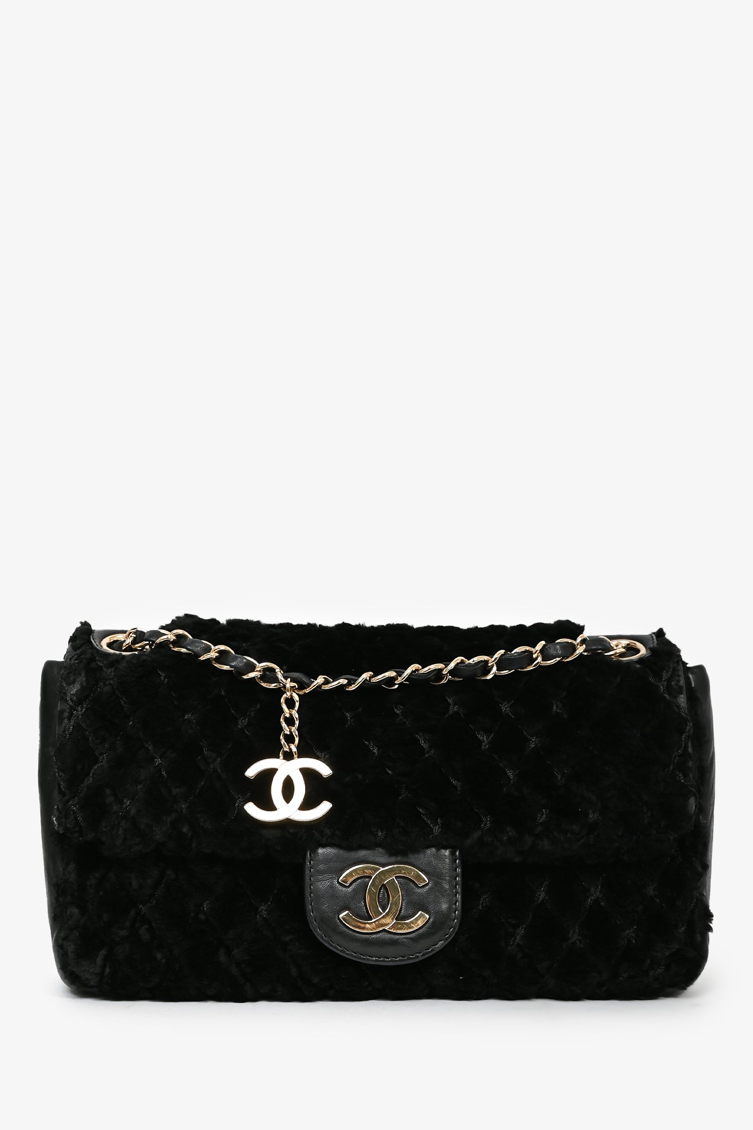 Chanel™ 2008/09 Black Rabbit Fur/Calfskin Leather Flap Bag