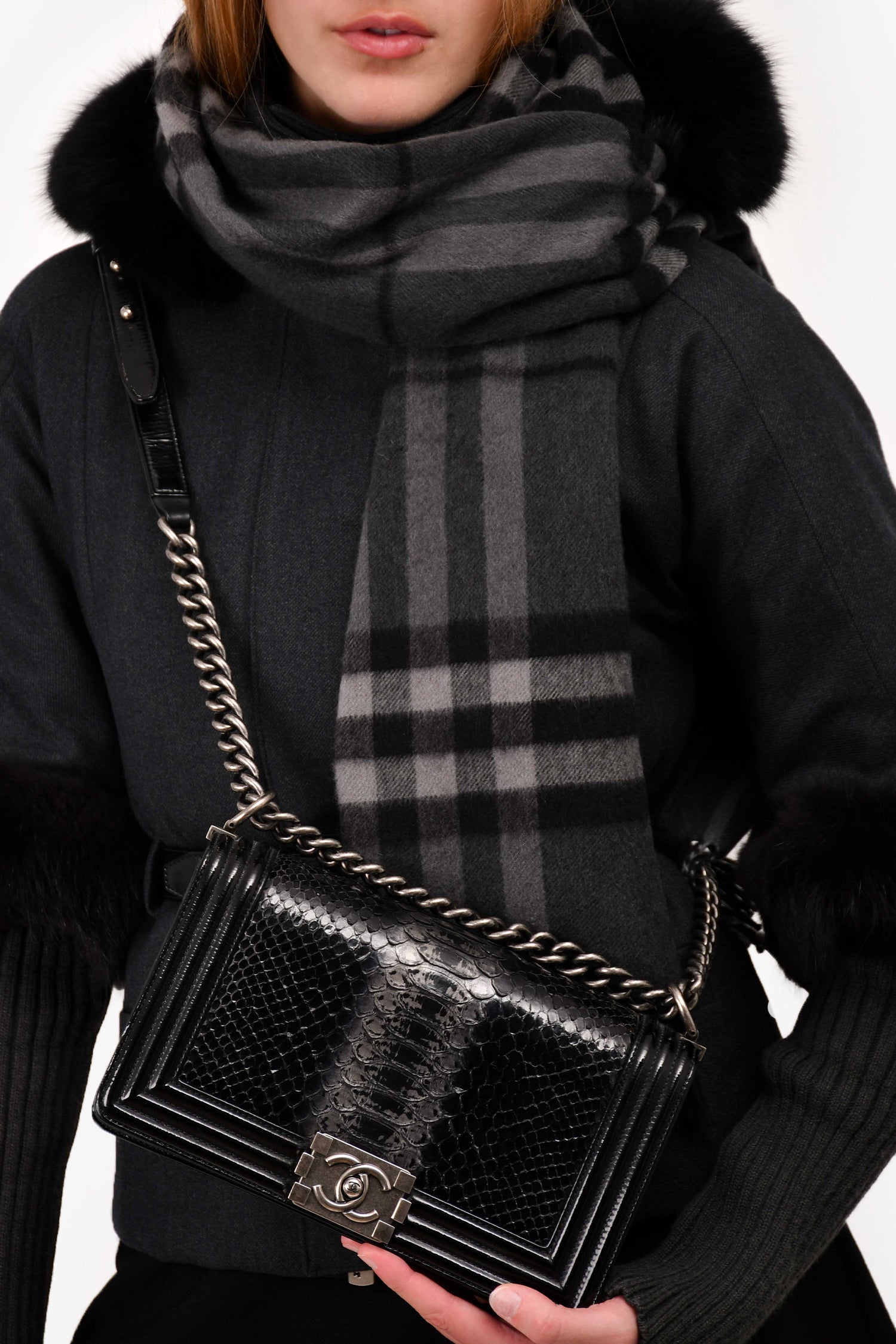 Chanel™ 2014-15 Black/Grey Python Medium Boy Bag