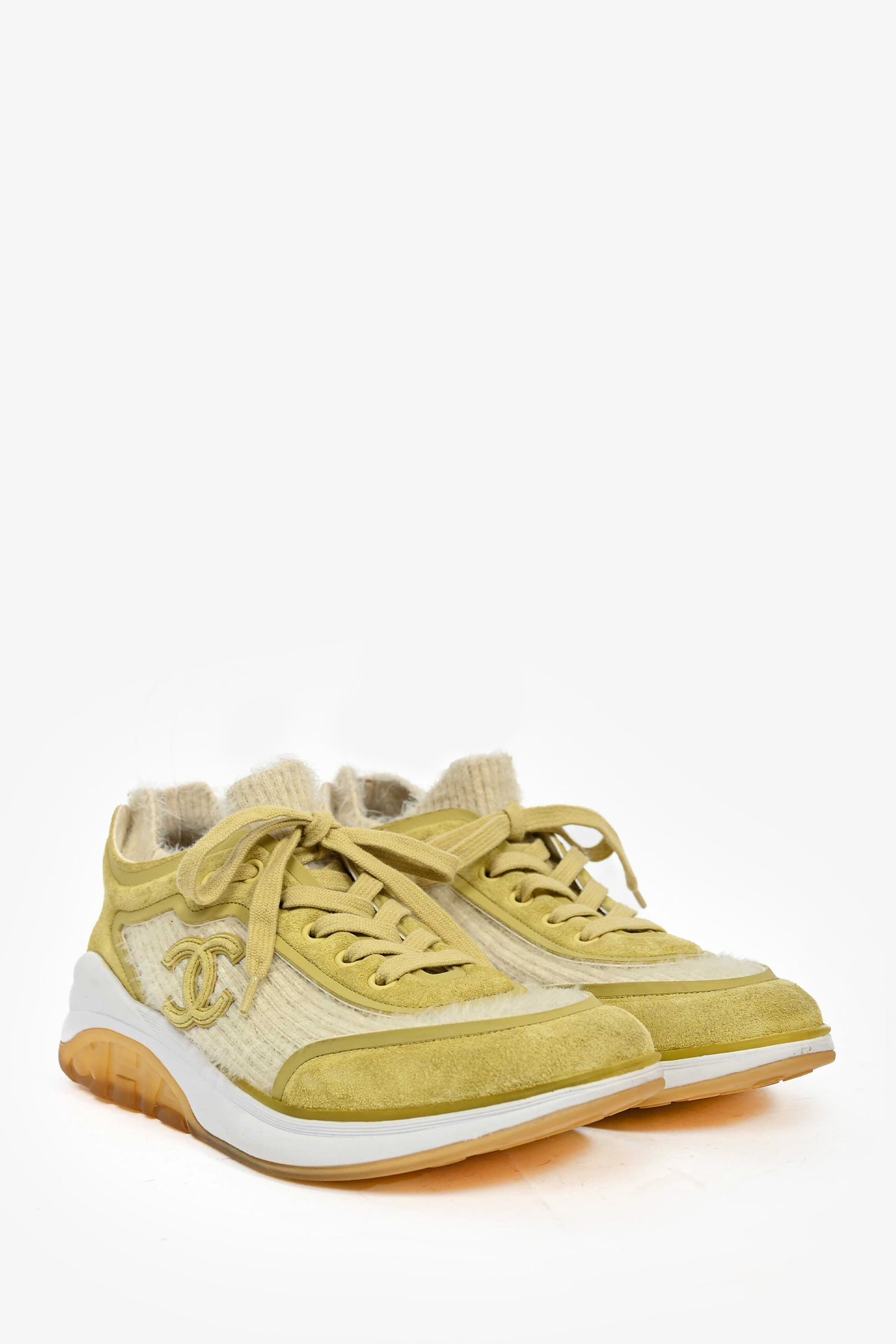 Chanel™ Pistachio Green Suede CC Sneakers Size 38.5