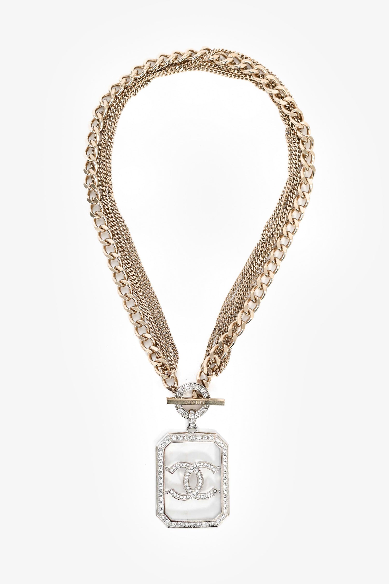 Chanel™ 2018 Gold Toned Multi-strand Chain Crystal Embellished CC Pendant Necklace