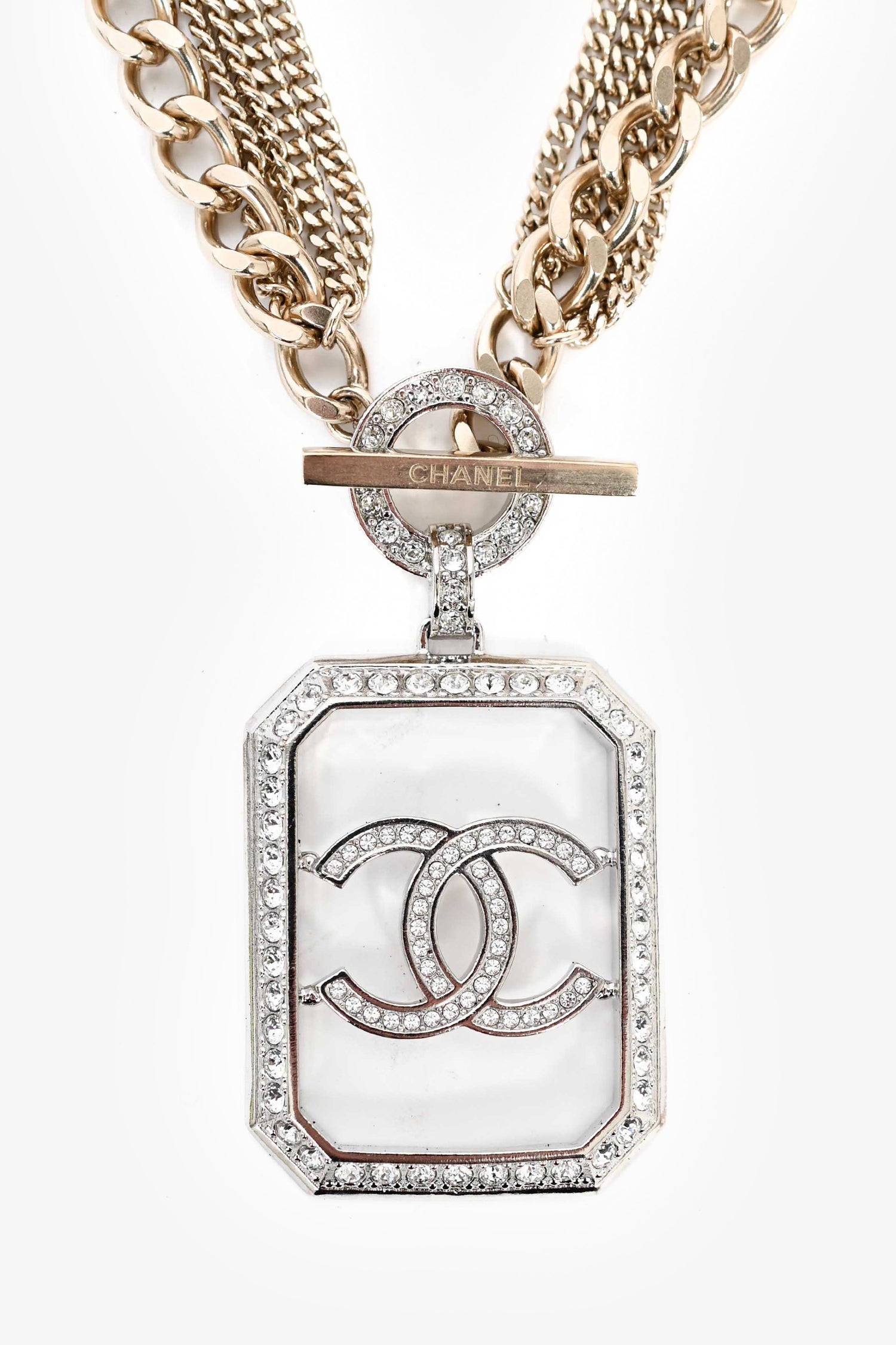 Chanel™ 2018 Gold Toned Multi-strand Chain Crystal Embellished CC Pendant Necklace